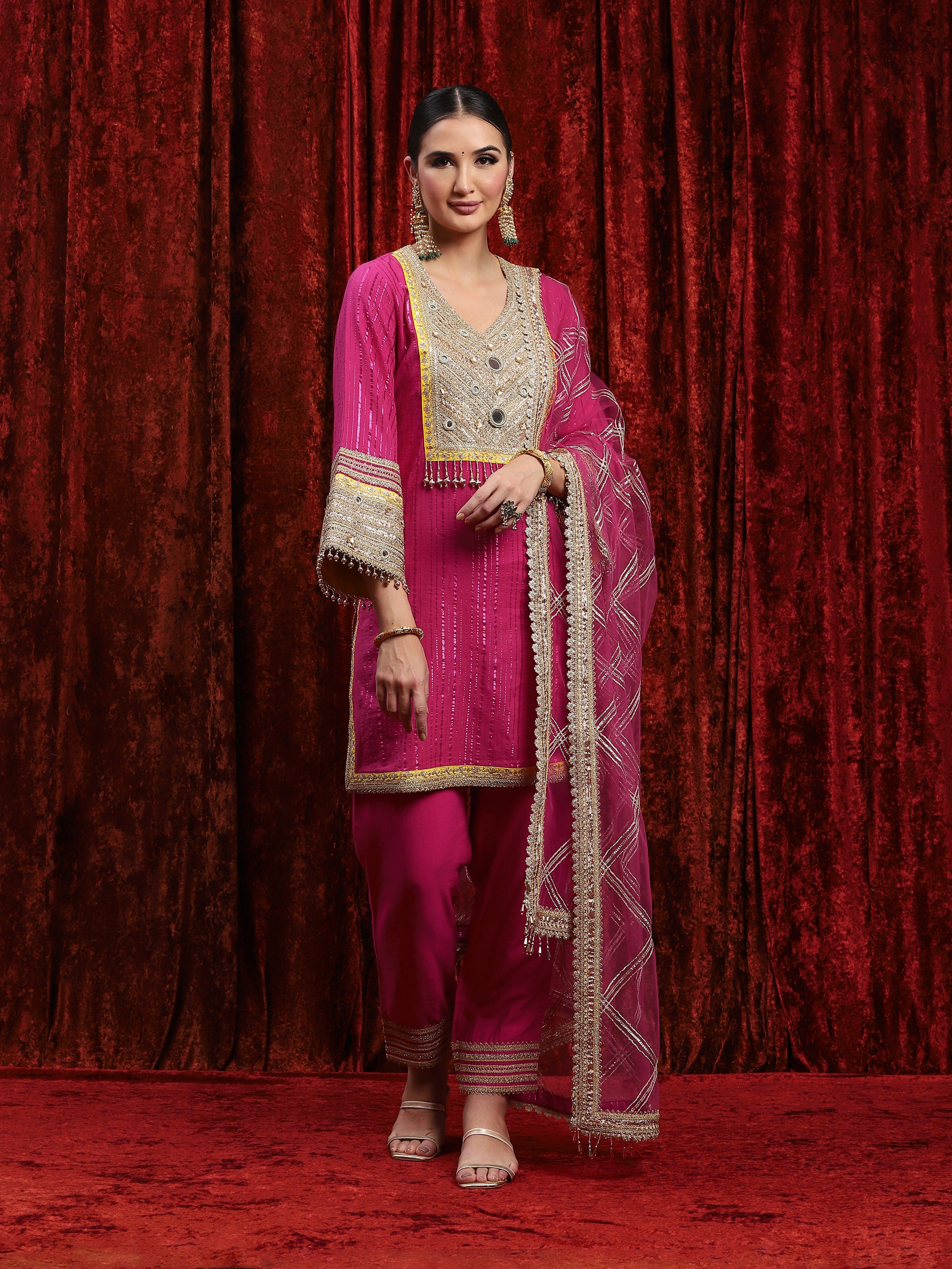 Rani Pink & Lemon Yellow Kurta Pant Dupatta Set