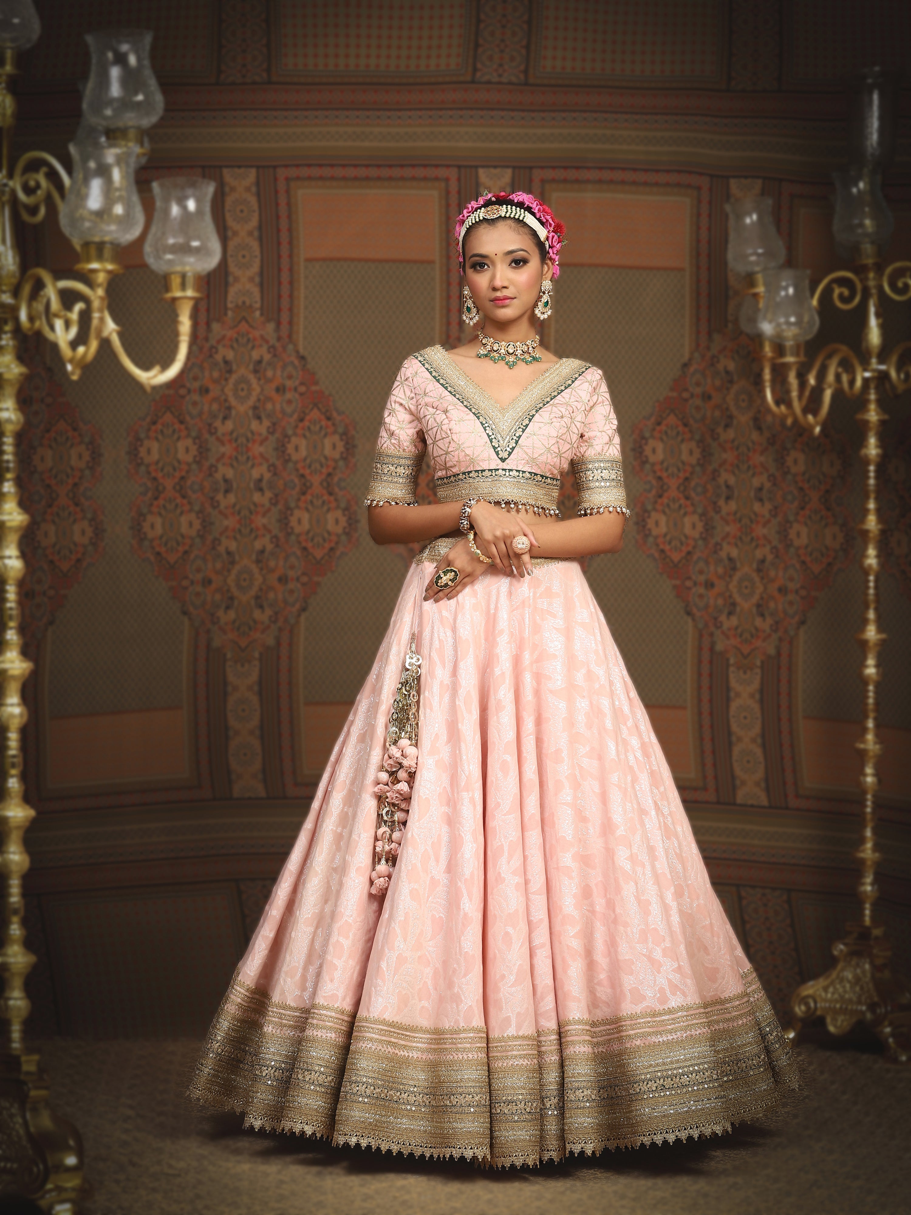 Baby Pink And Emerald Green Lehenga Set AGASHE Baby Pink And Emerald Green Lehenga Set AGASHE
