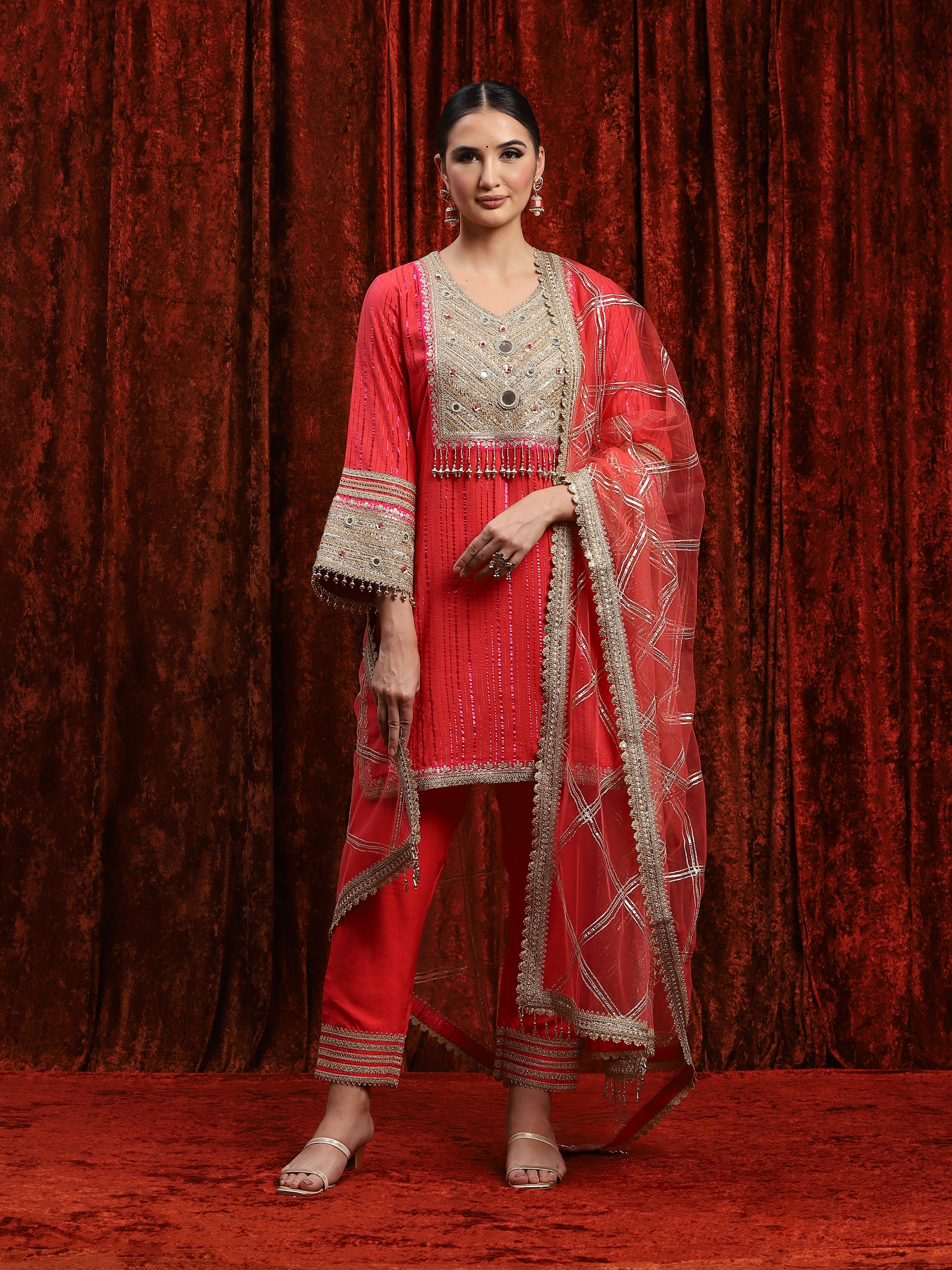 Watermelon Red & Rani Pink Kurta Pant Dupatta Set