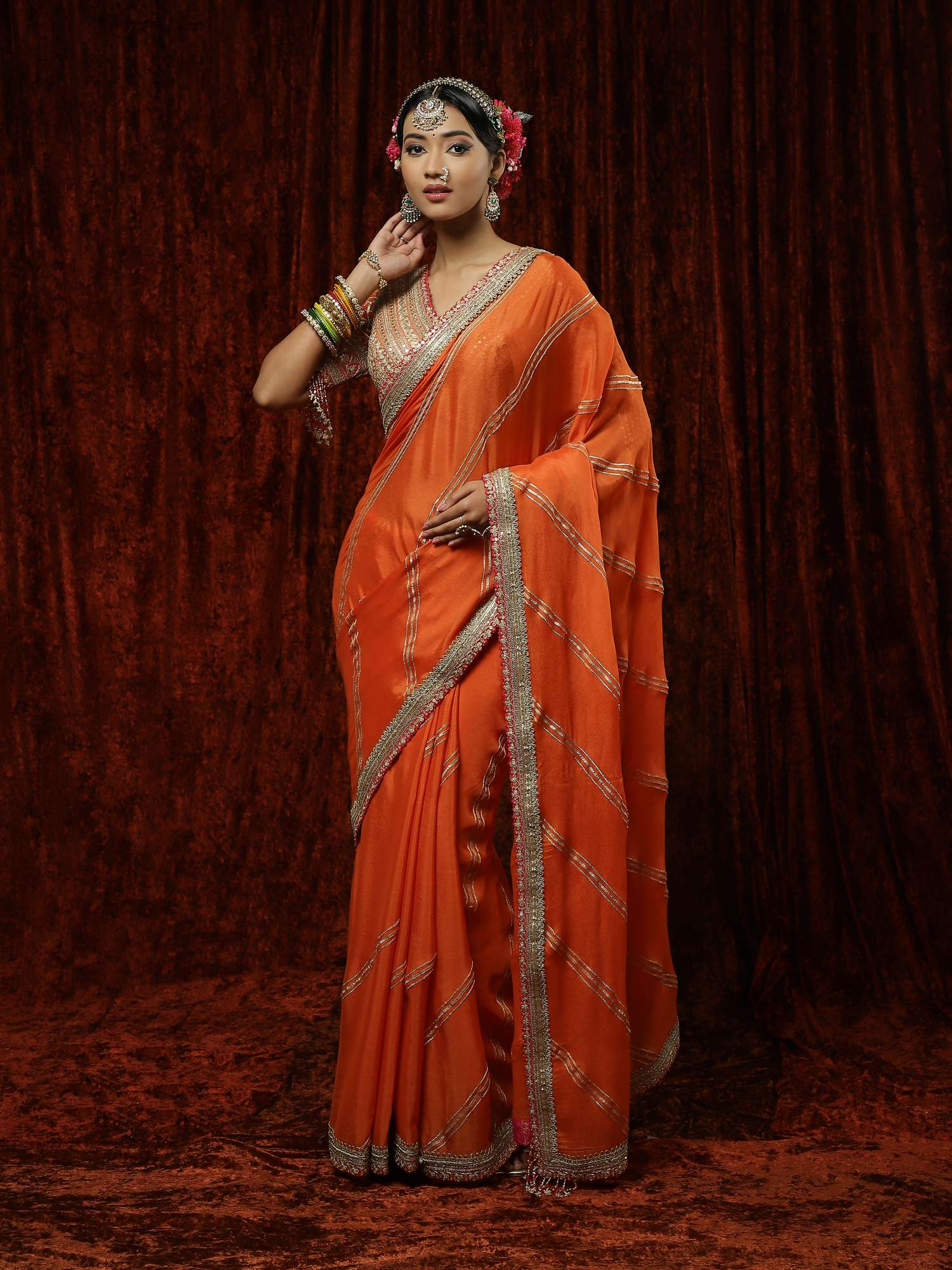 Orange & Rani Gota Leheriya Saree & Blouse Set