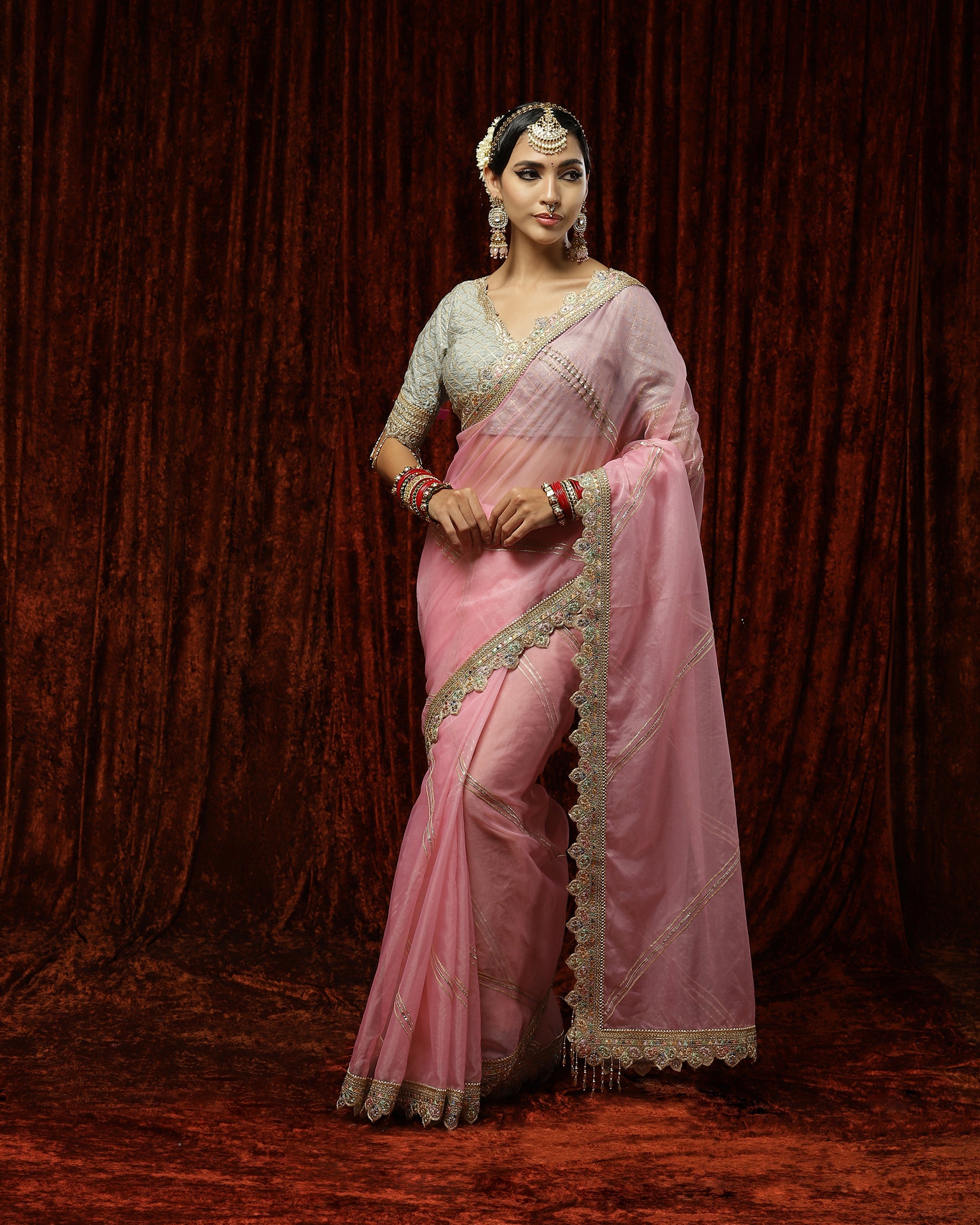 Pink & Gray Saree & Blouse Set