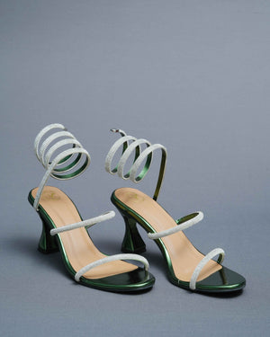 Faux Leather Open Toe Green Spring Heels