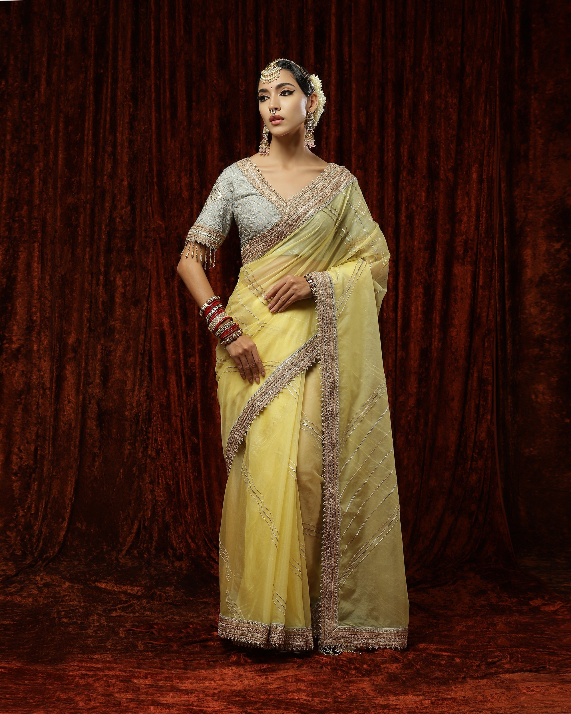 Light Yellow & Powder Blue Saree & Blouse Set