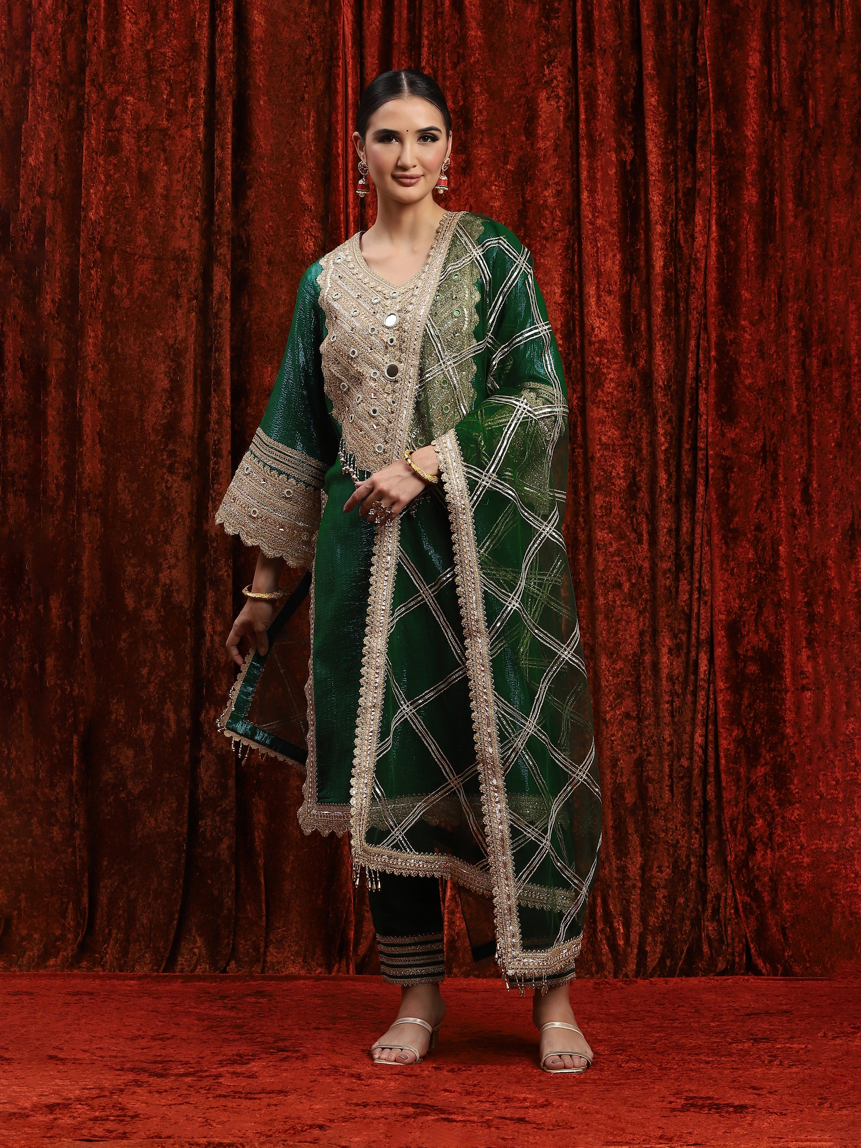 Dark Green Kurta Pant Dupatta Set