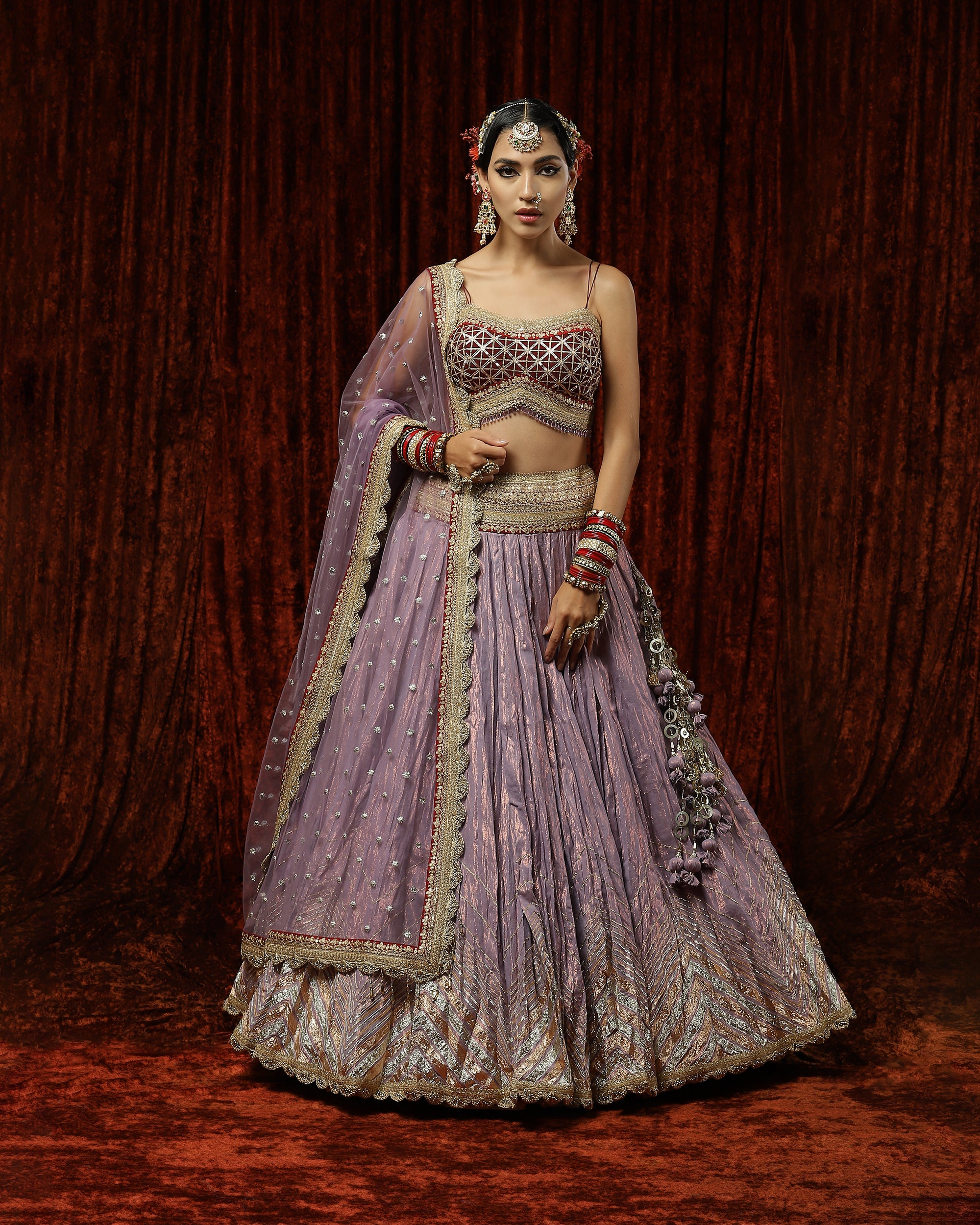 Lavender & Maroon Crinkle Gota Lehenga Set