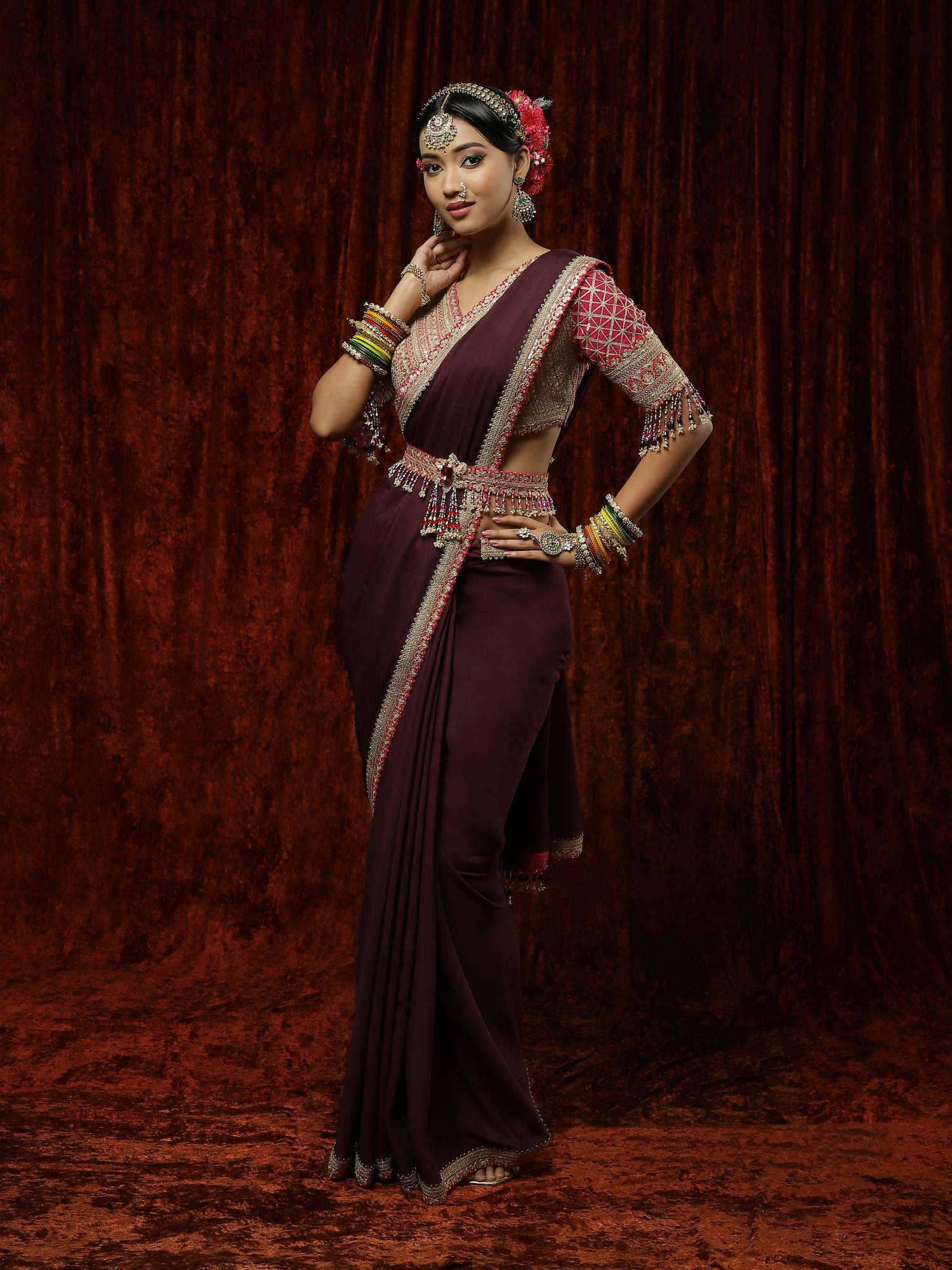 Dark Mauve & Rani Saree, Blouse & Belt Set
