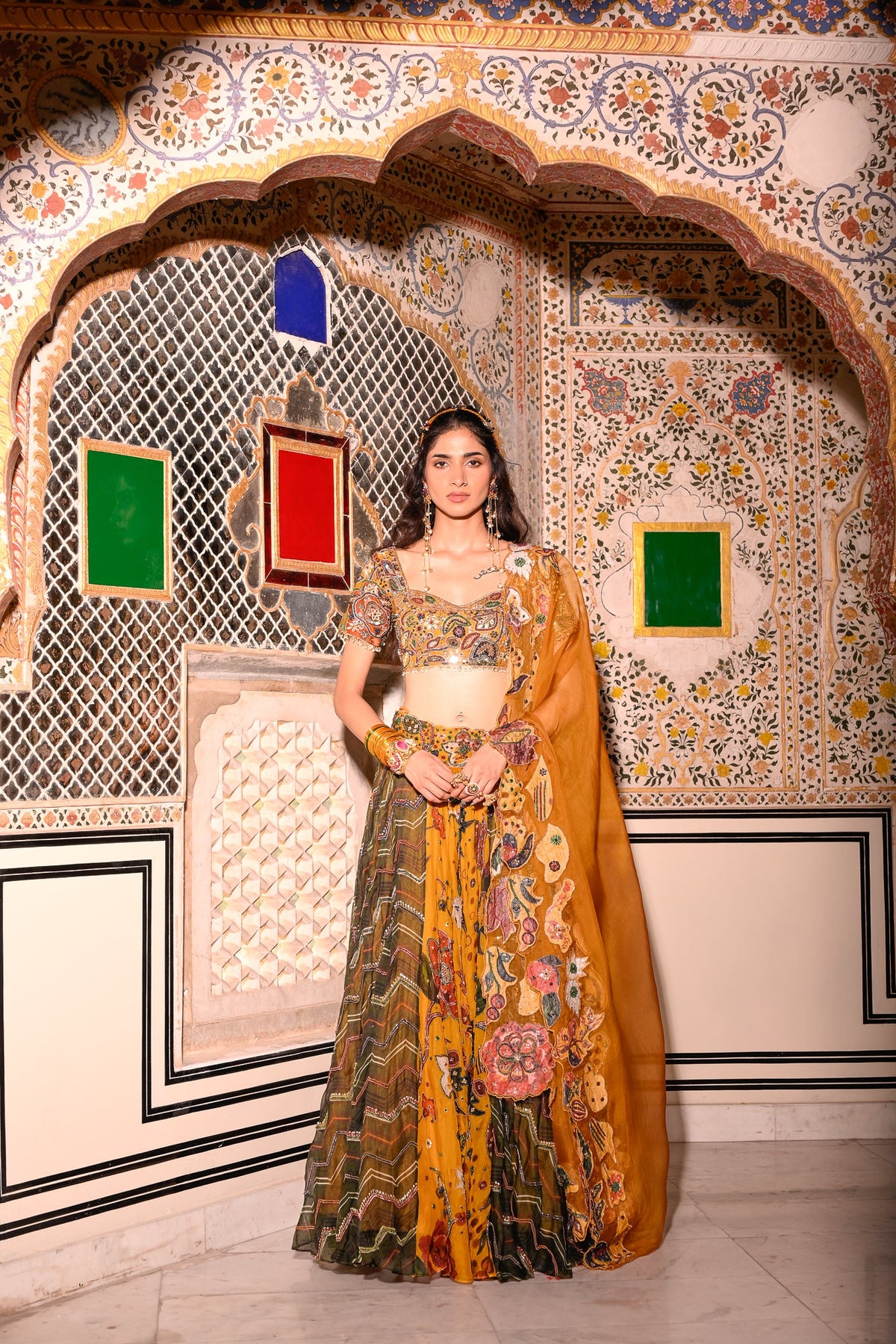 Highlighted Duel Lehenga Emb Blouse Applique Dupatta