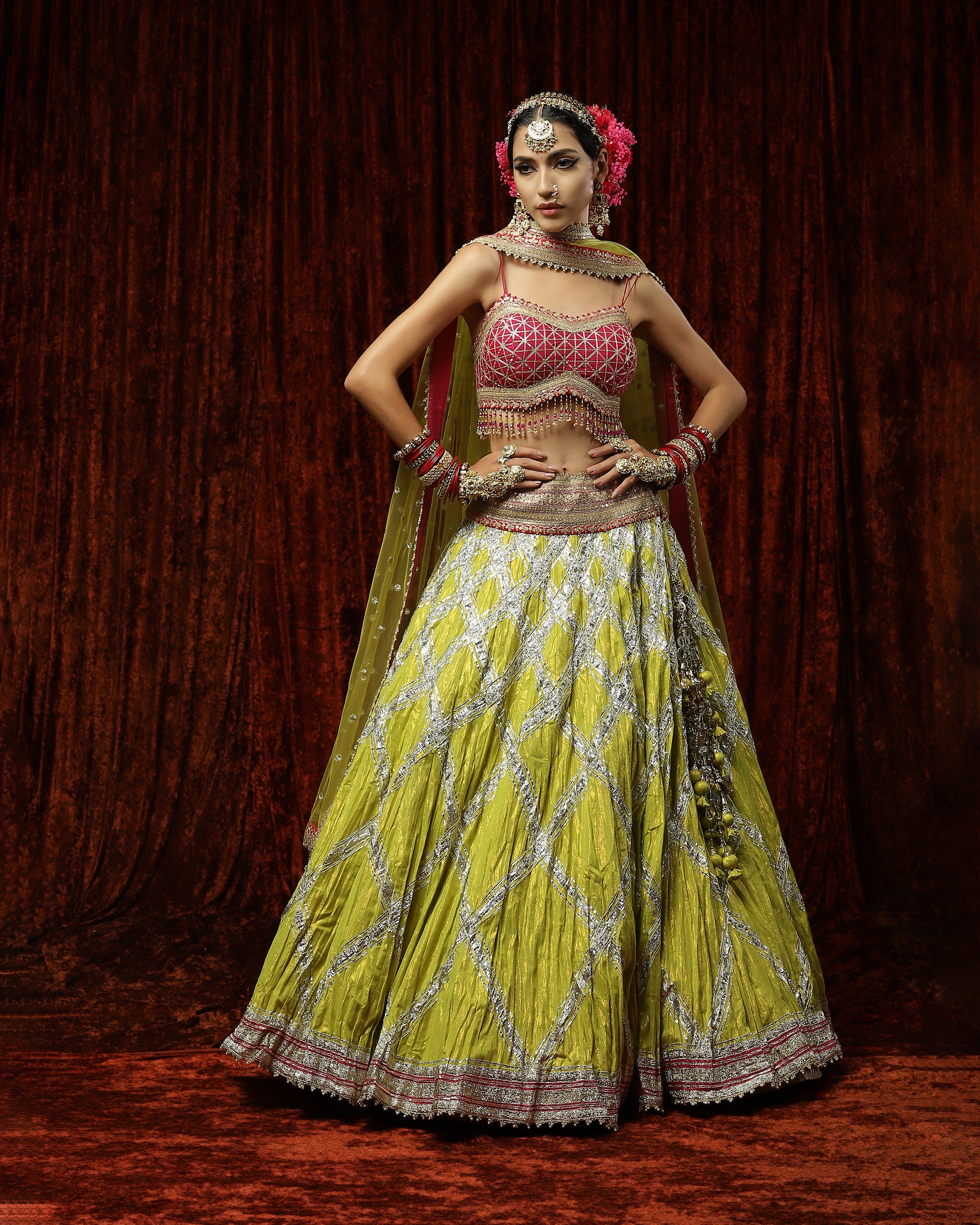 Lemon Green & Magenta Crinkle Gota Lehenga Set