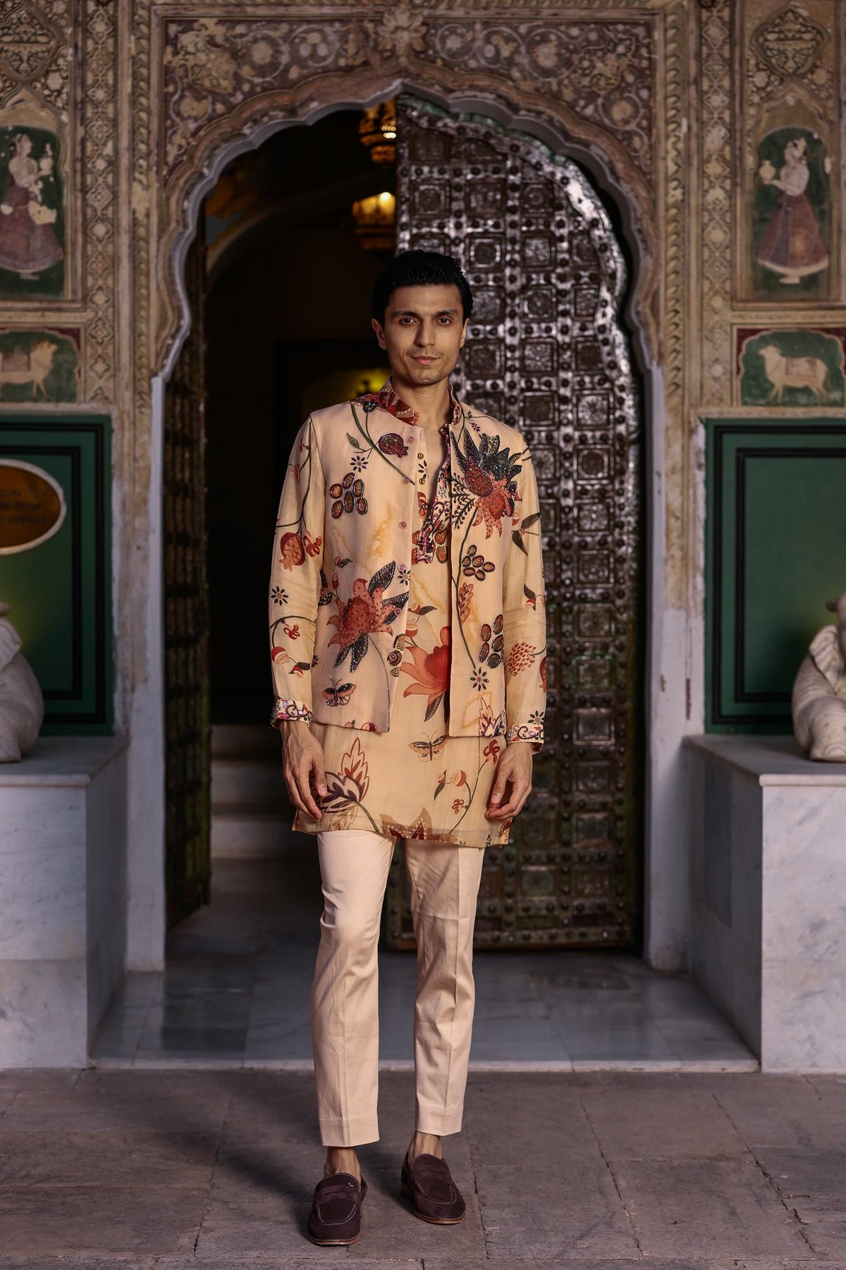 Highlighted Bundi Printed Kurta With Work On Cuff & Purtin Streight Beige Pant