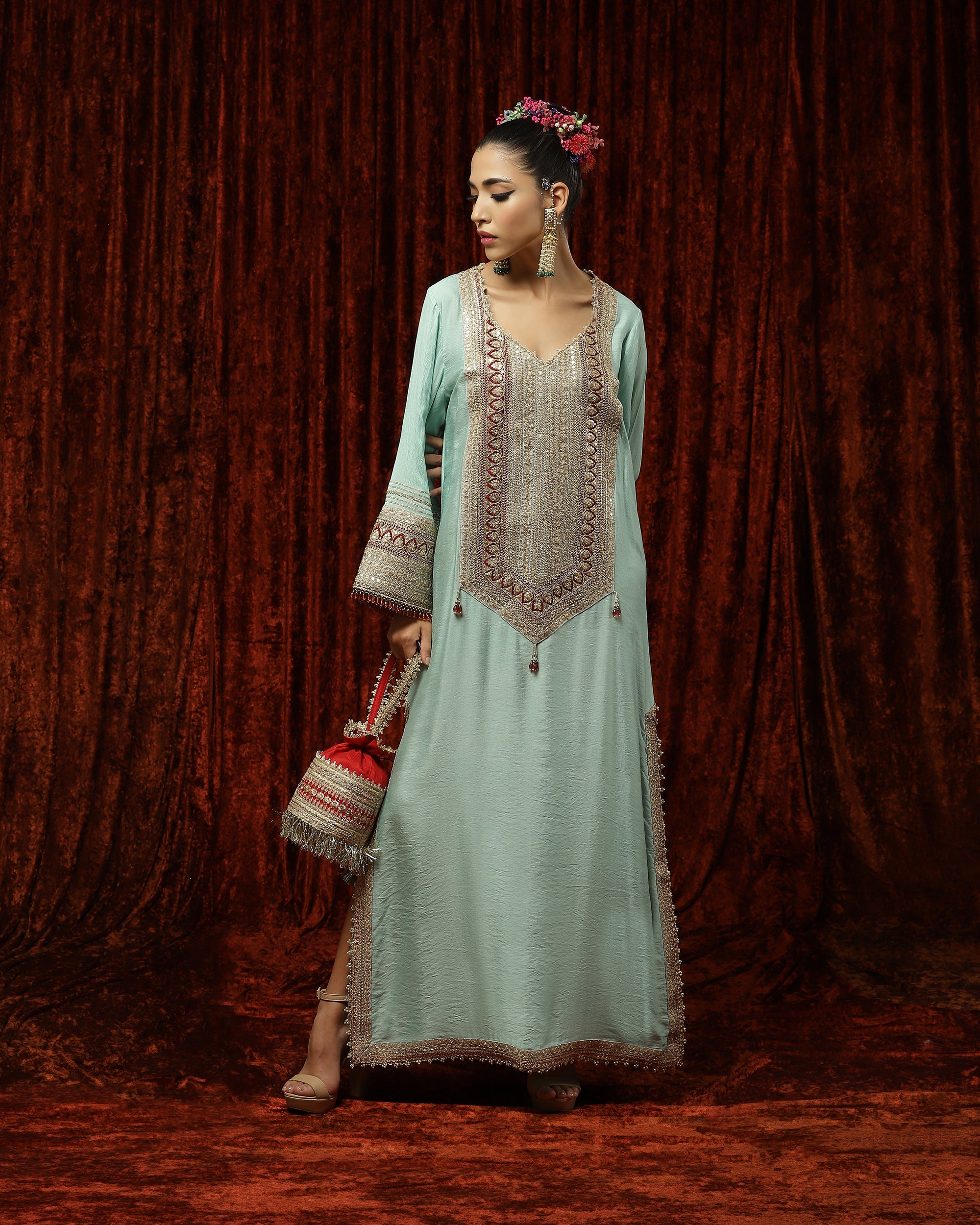 Sea Green & Maroon Kurta Kaftan