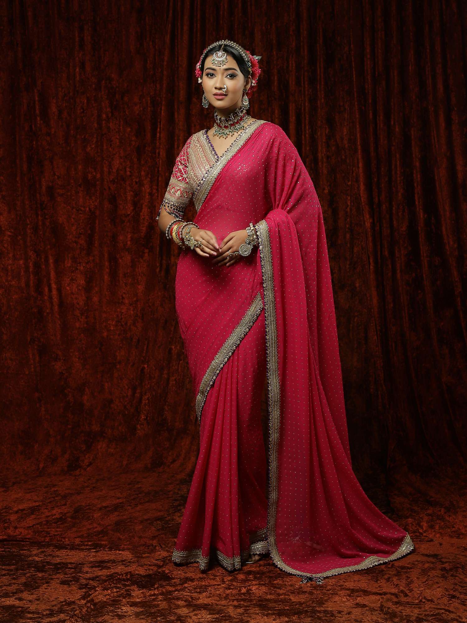 Rani & Purple Saree & Blouse Set