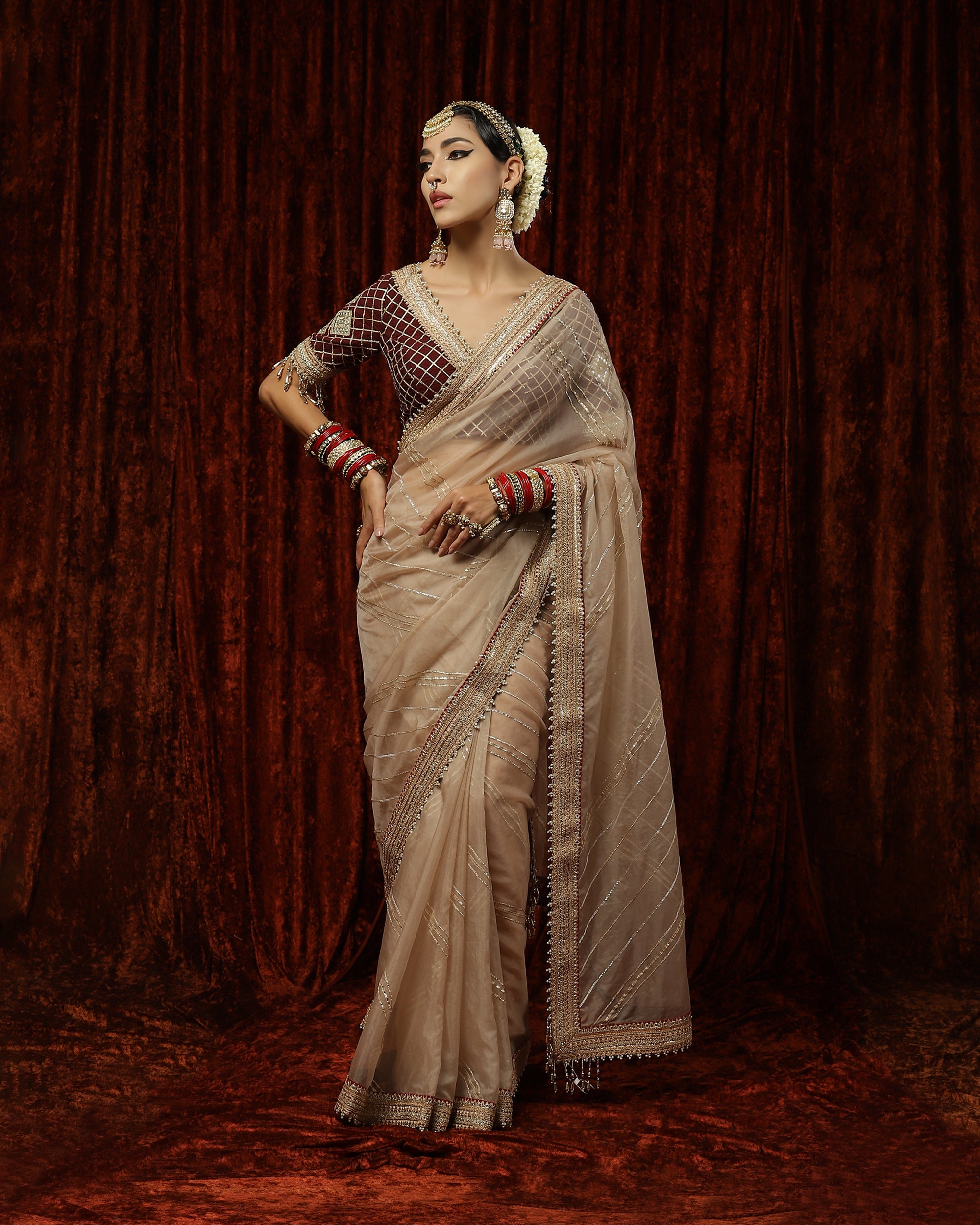 Rose Gold & Maroon Saree & Blouse Set