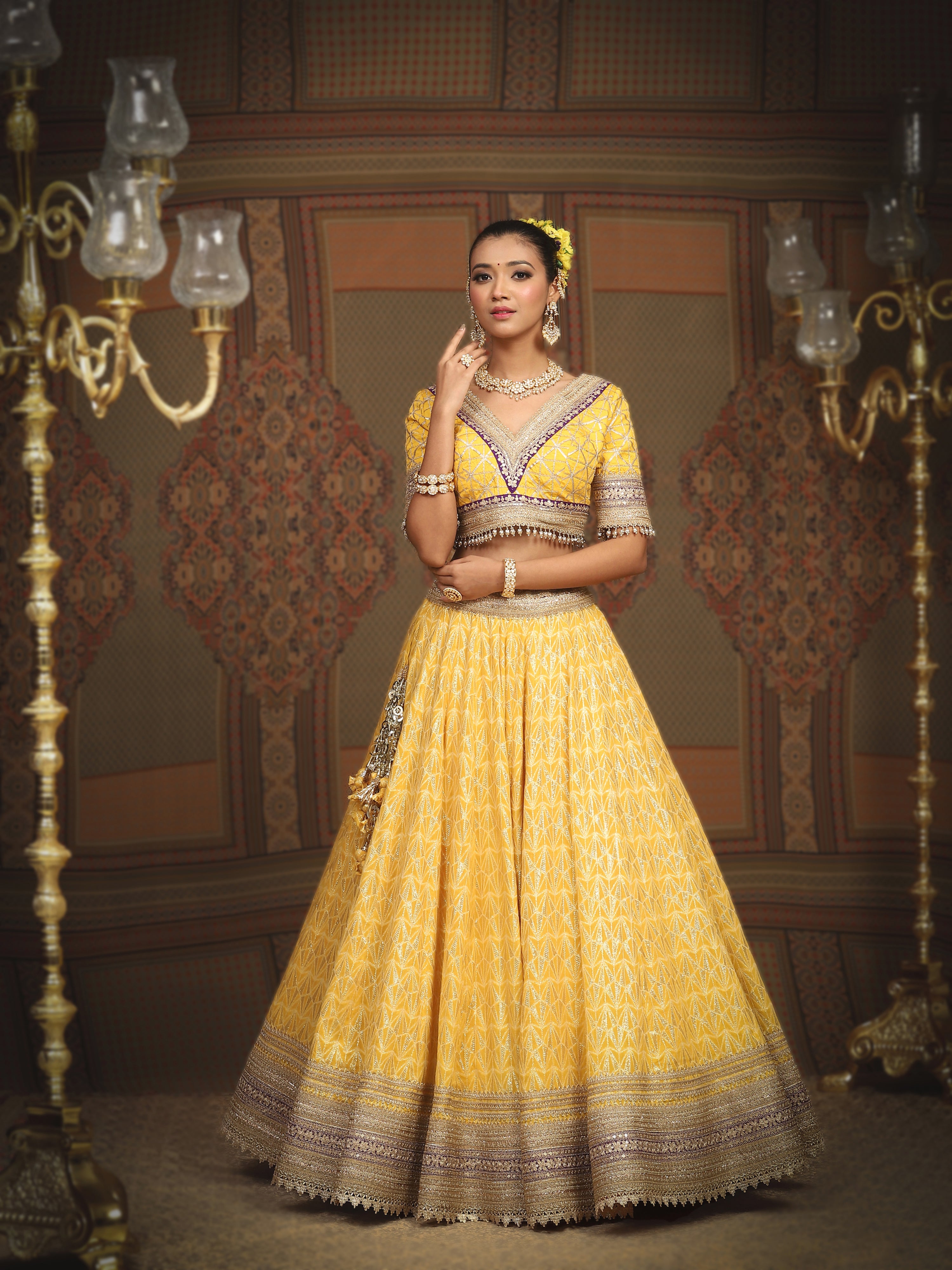 Mango Yellow And Purple Lehenga Set
