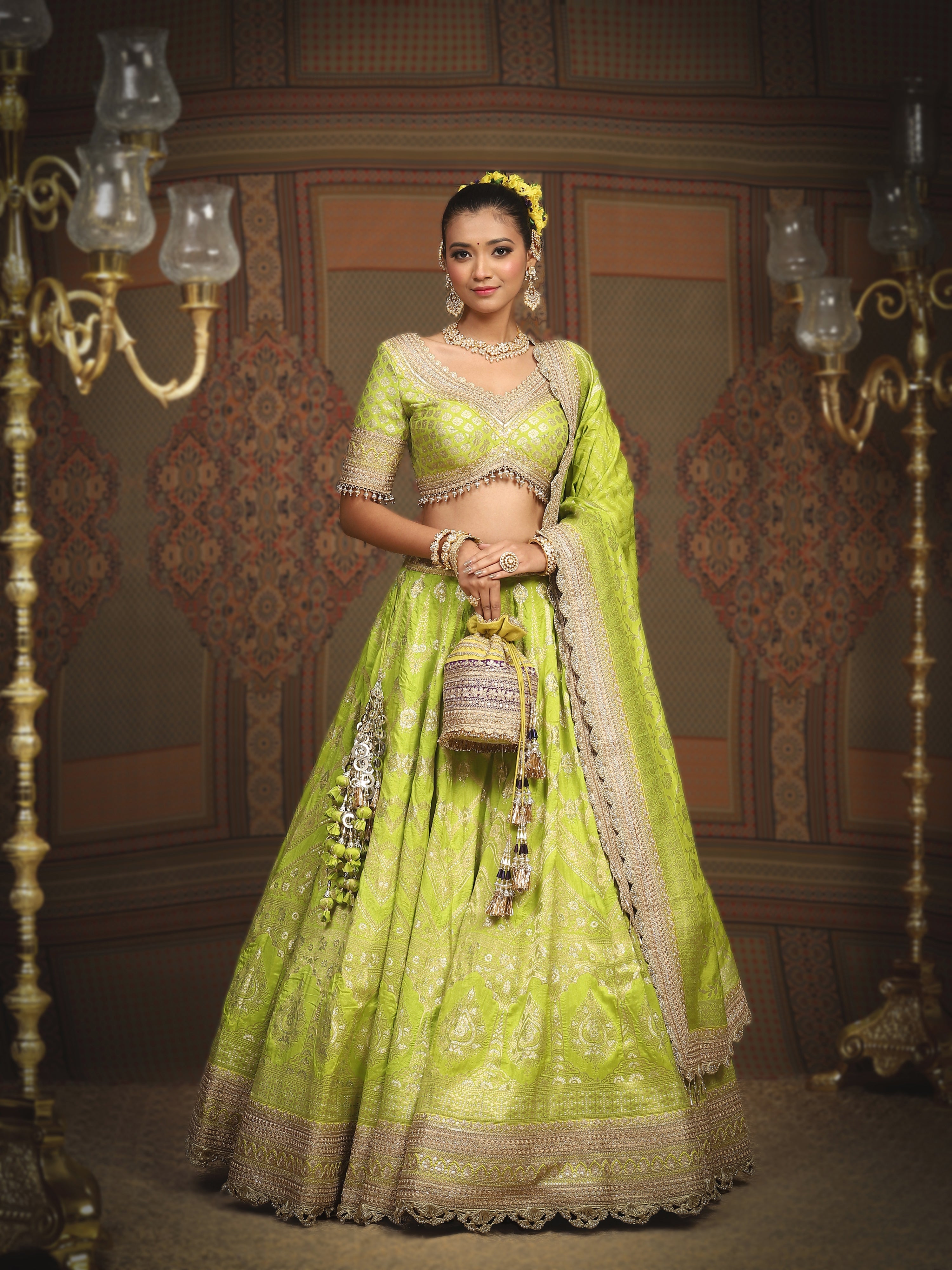 Dark Lemon Green Banarasi Lehenga Set