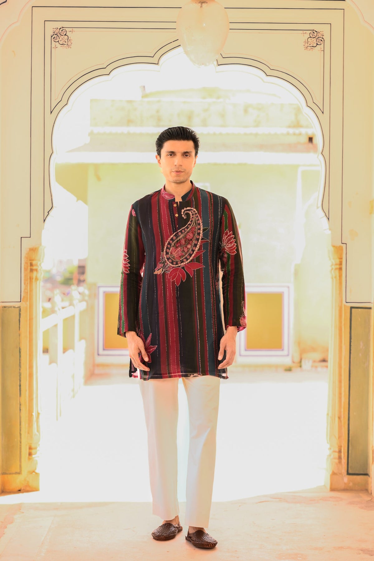 Printed Organza Kurta With Beige Straight Pant