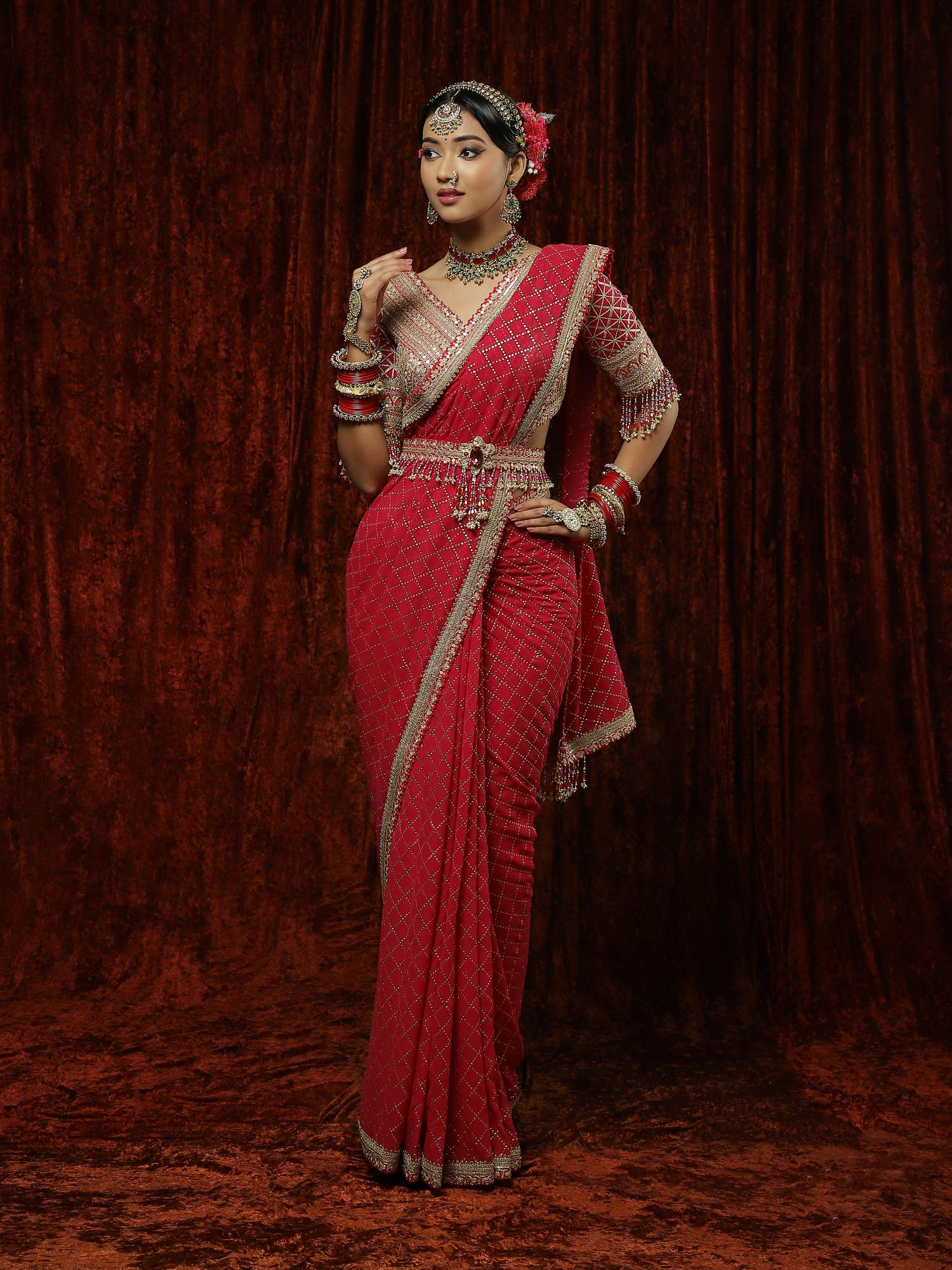 Desi Gulab Saree, Blouse & Belt Set