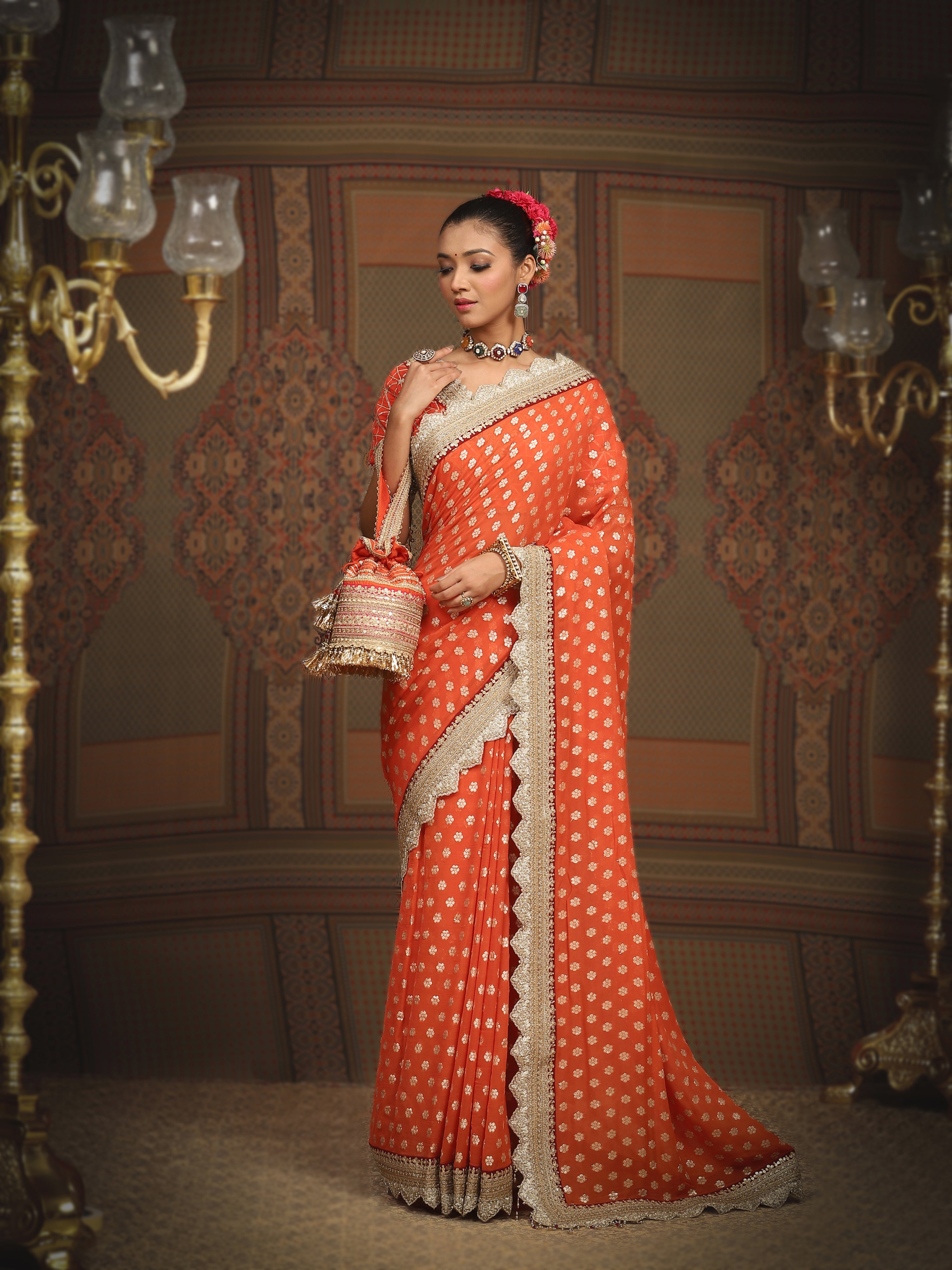 Orange And Maroon Saree & Blouse Set