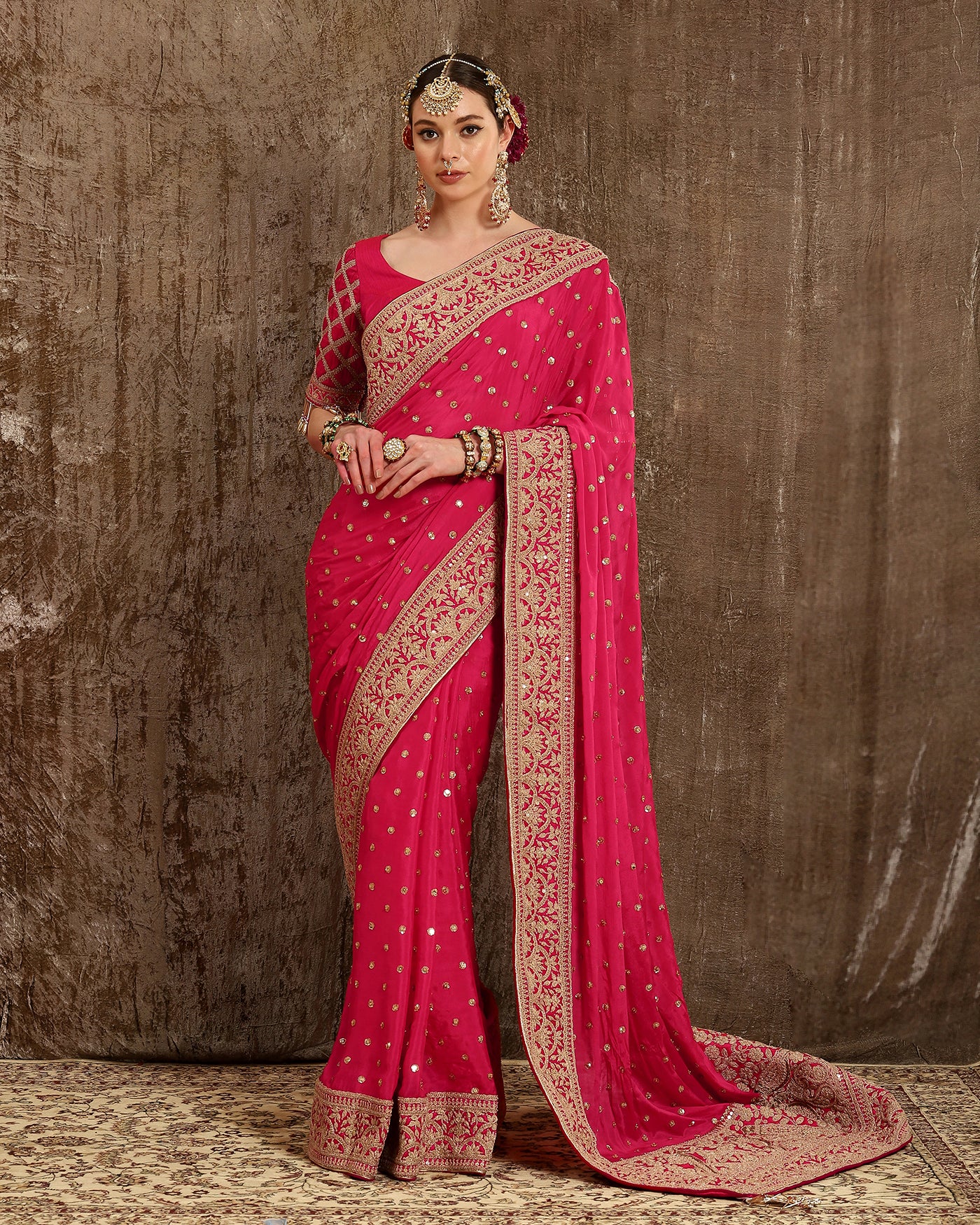 Fuchsia Pink Chinon Saree Saree & Blouse Set