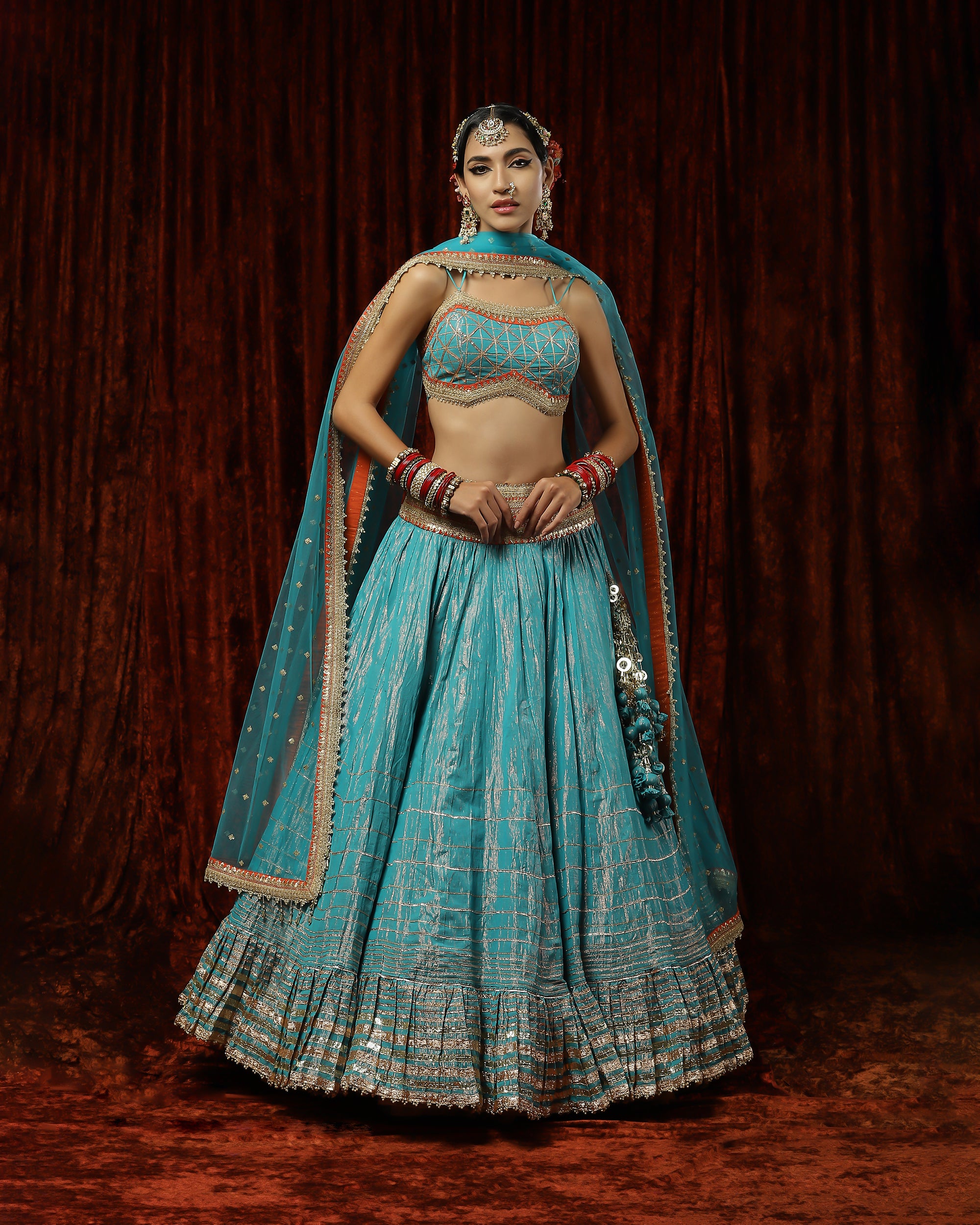 Firozi & Orange Crinkle Gota Lehenga Set