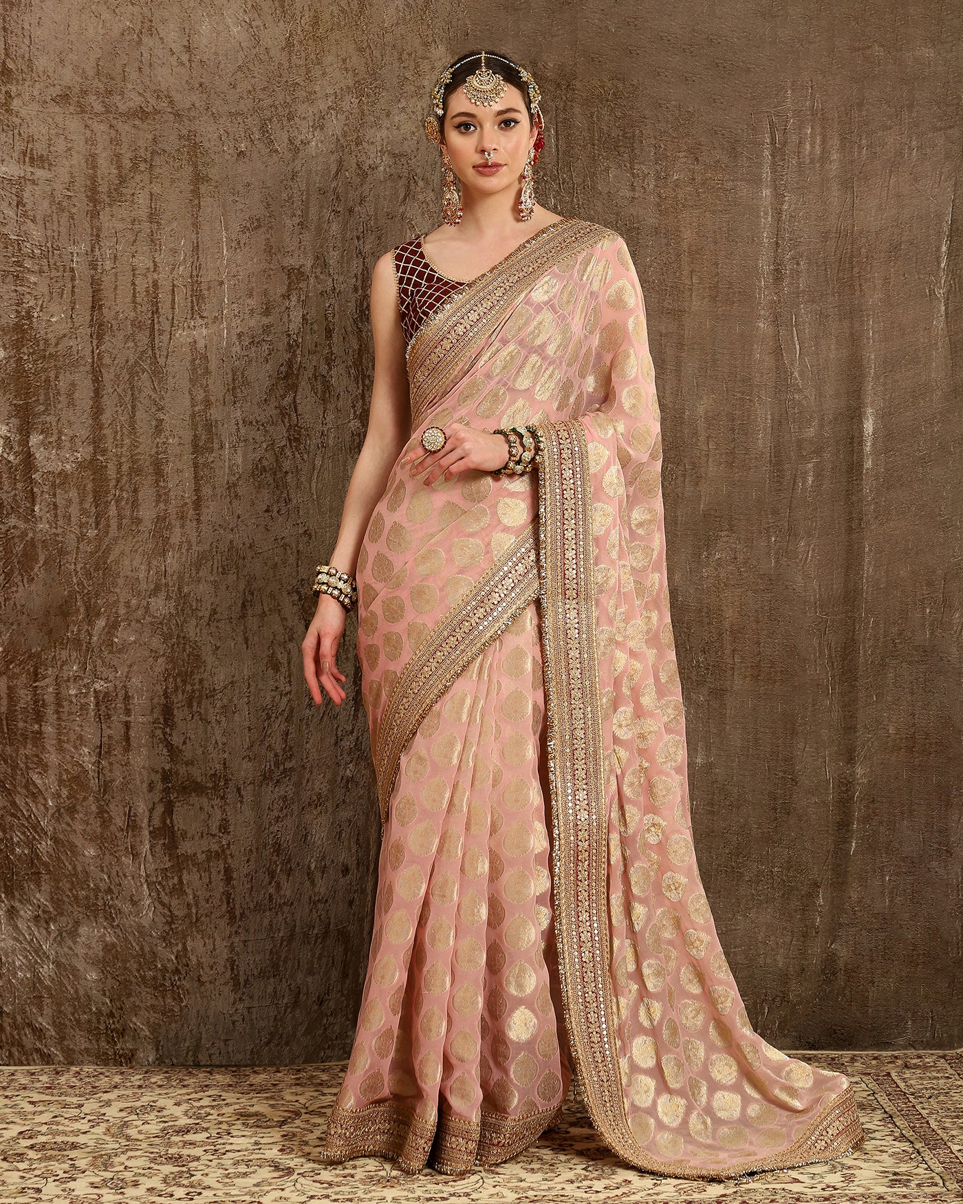 Baby Pink & Maroon Saree & Blouse Set