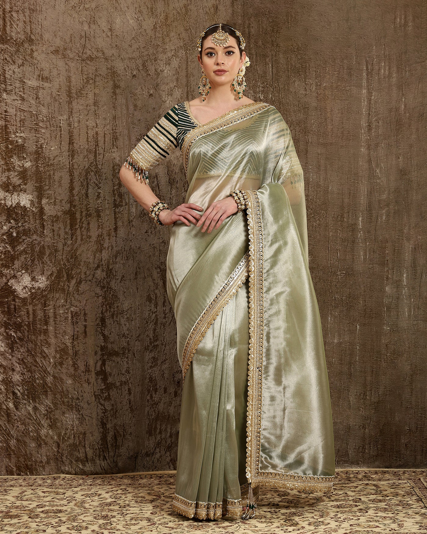 Emerald Green & Gray Metallic Tissue Saree & Blouse Set
