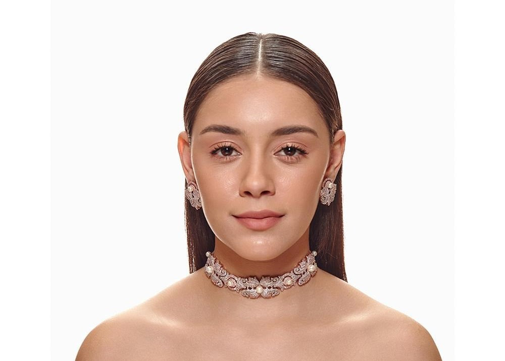 Rosegold And White Floral Diamond Choker Set