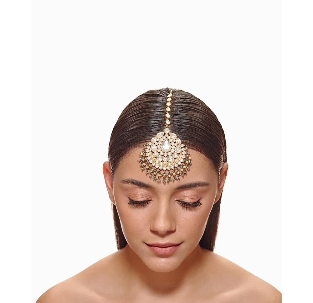 92.5 Silver Mint Green And Pearl Polki Tikka