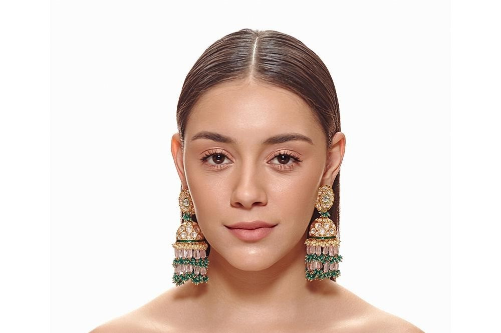 Pink, Green And Gold Kundan Jhumkas