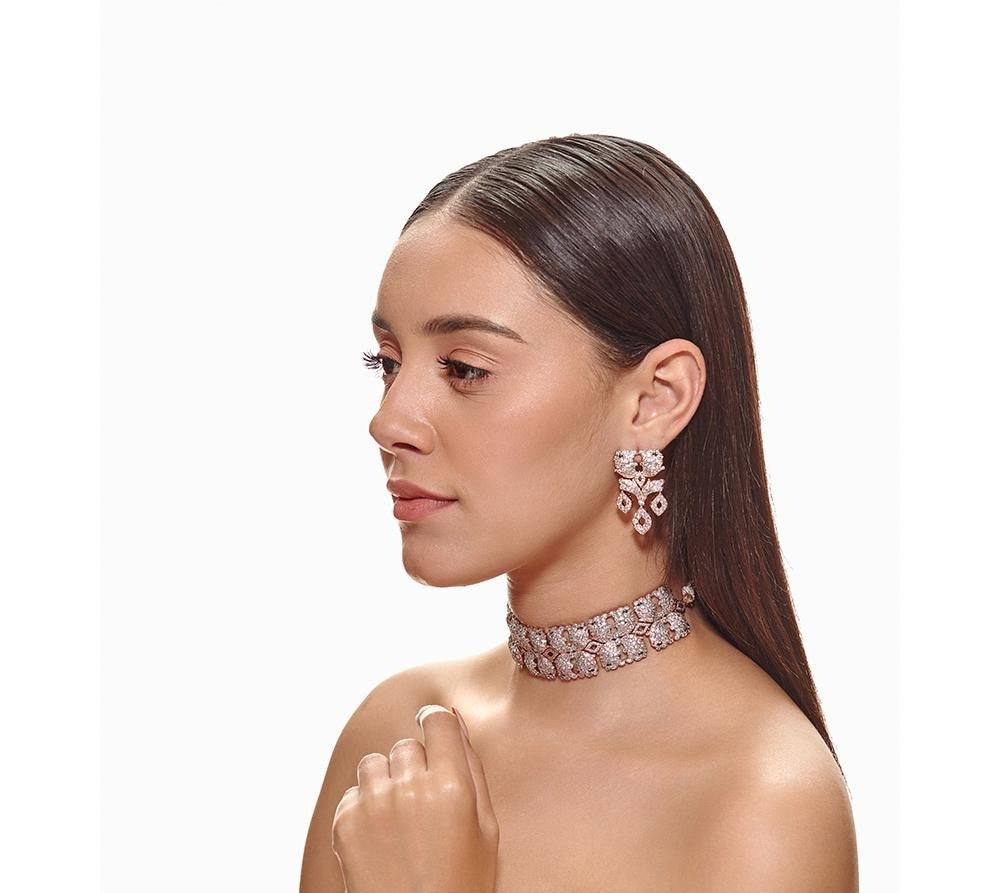 Rosegold And White Geometric Diamond Choker Set And Bracelet