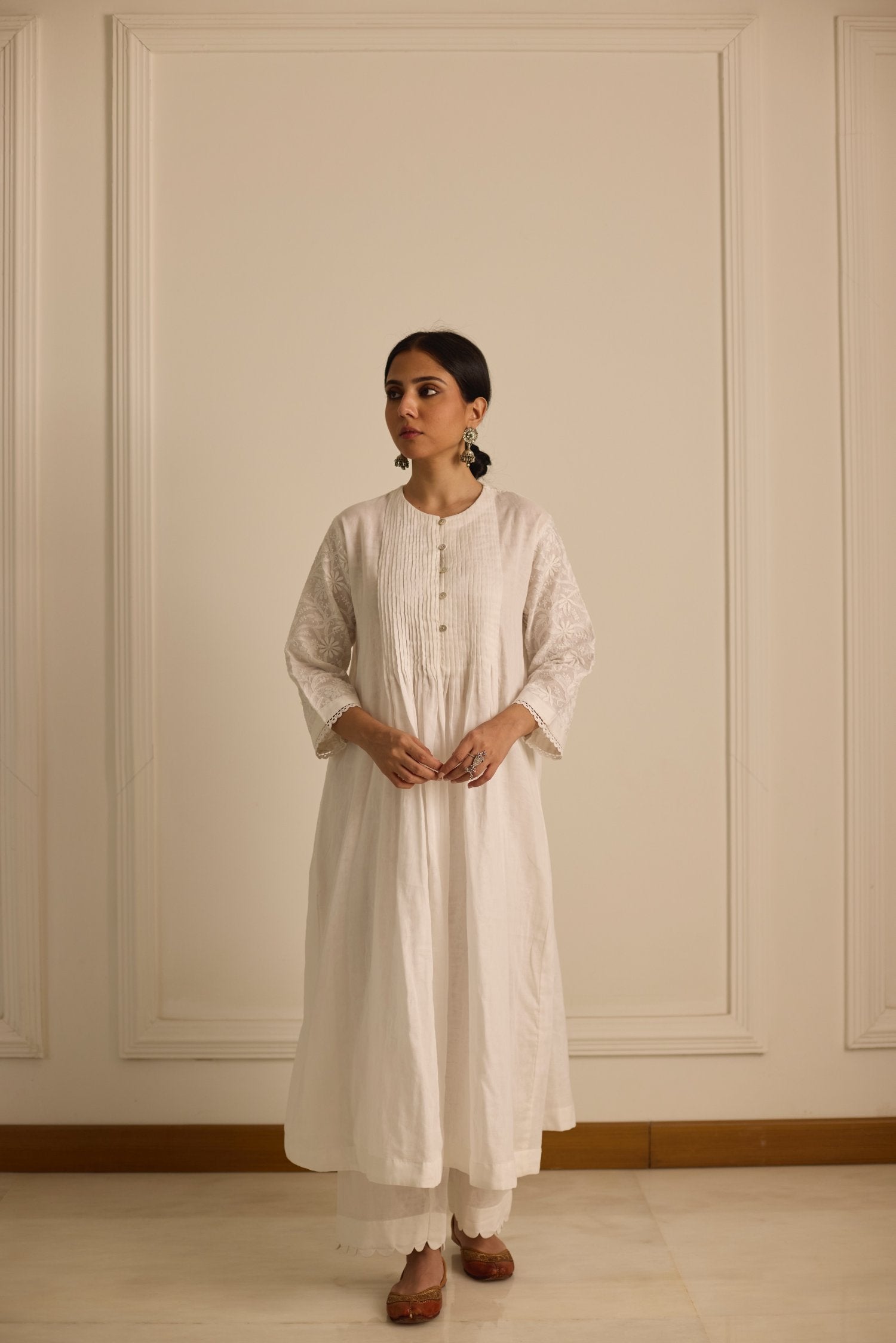 Front Pintucks And Back Yoke Kurta - White