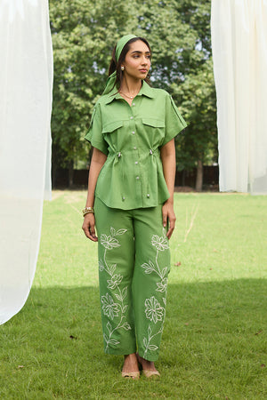 Green Floral Embroidered Linen Set