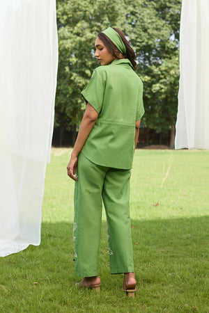 Green Floral Embroidered Linen Set