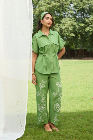 Green Floral Embroidered Linen Set