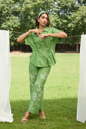 Green Floral Embroidered Linen Set