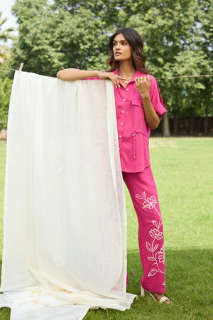 Pink Floral Embroidered Linen Set