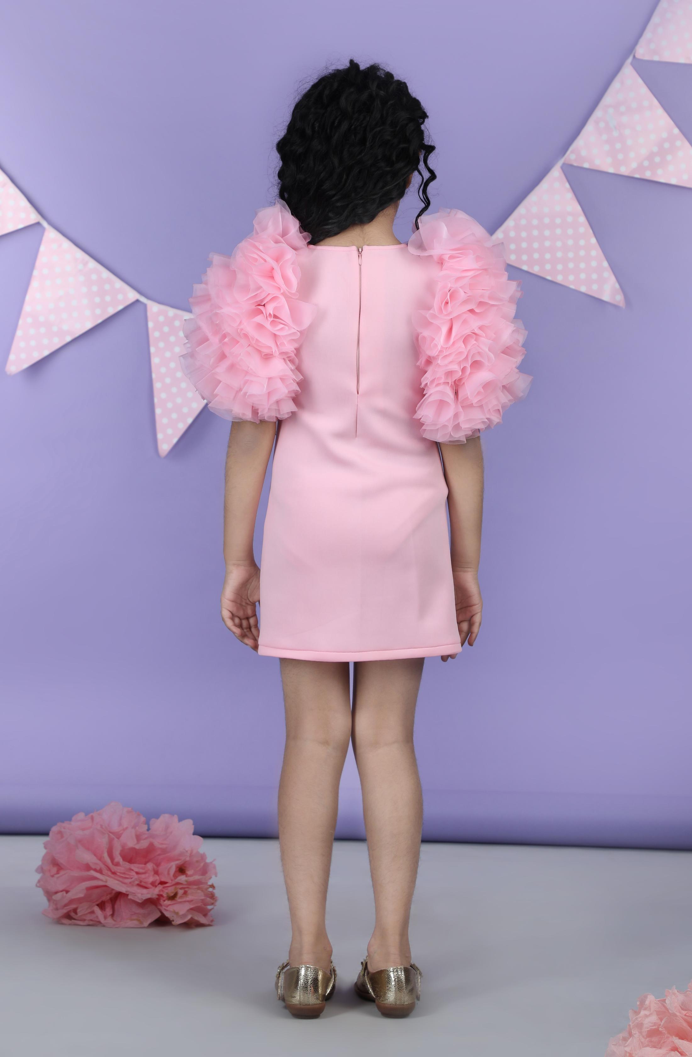 Straight Dress Embellisdhed With Bunch Of 3D Fabric Flowers In Sleeves