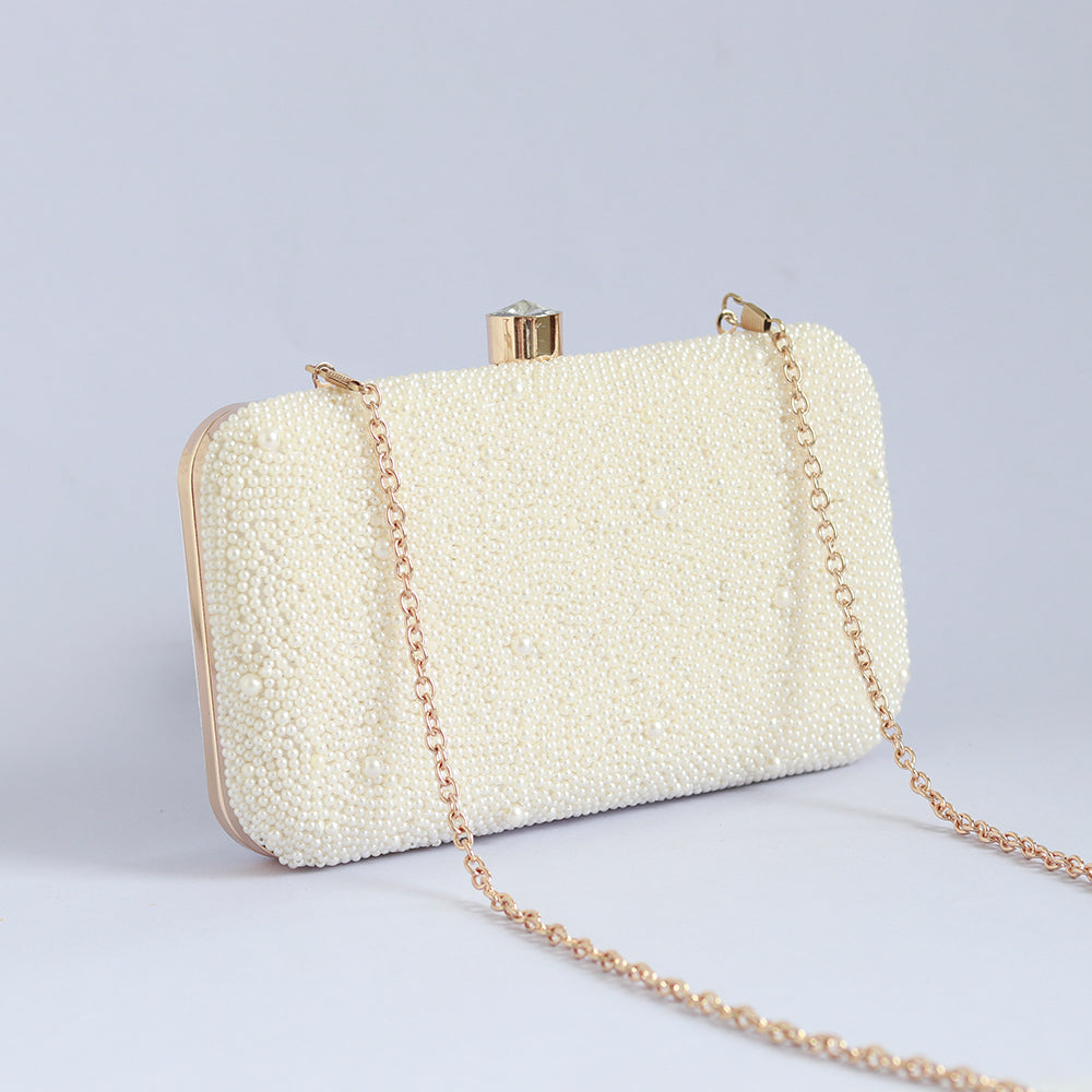 THE TAN CLAN Shwet All White Pearl Hand Embroidered Clutch