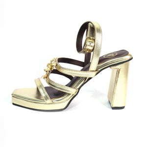 Zeno Gold Open Toe Faux Leather Block Heels for Women