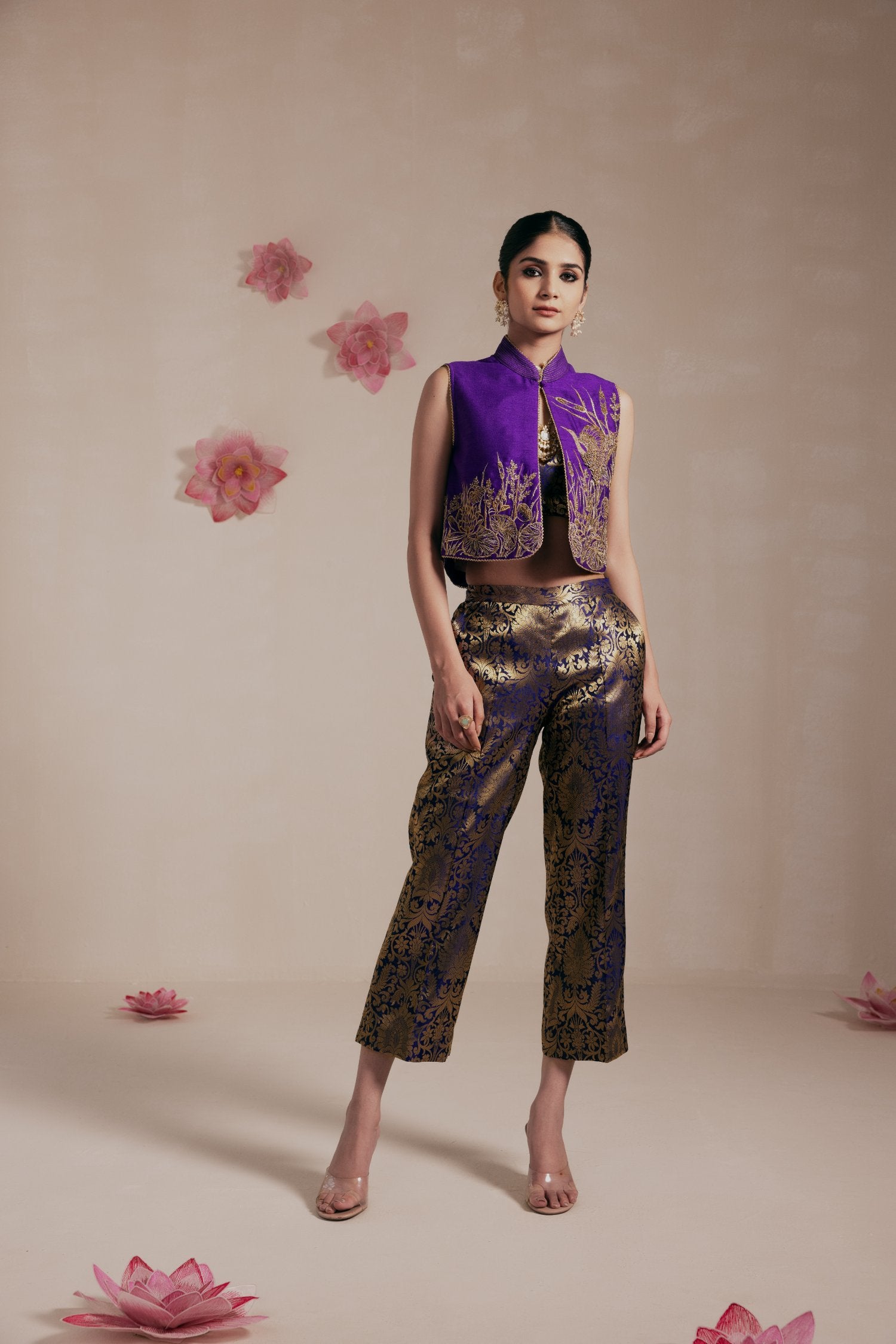 Purple Embellished Crop Jacket Set