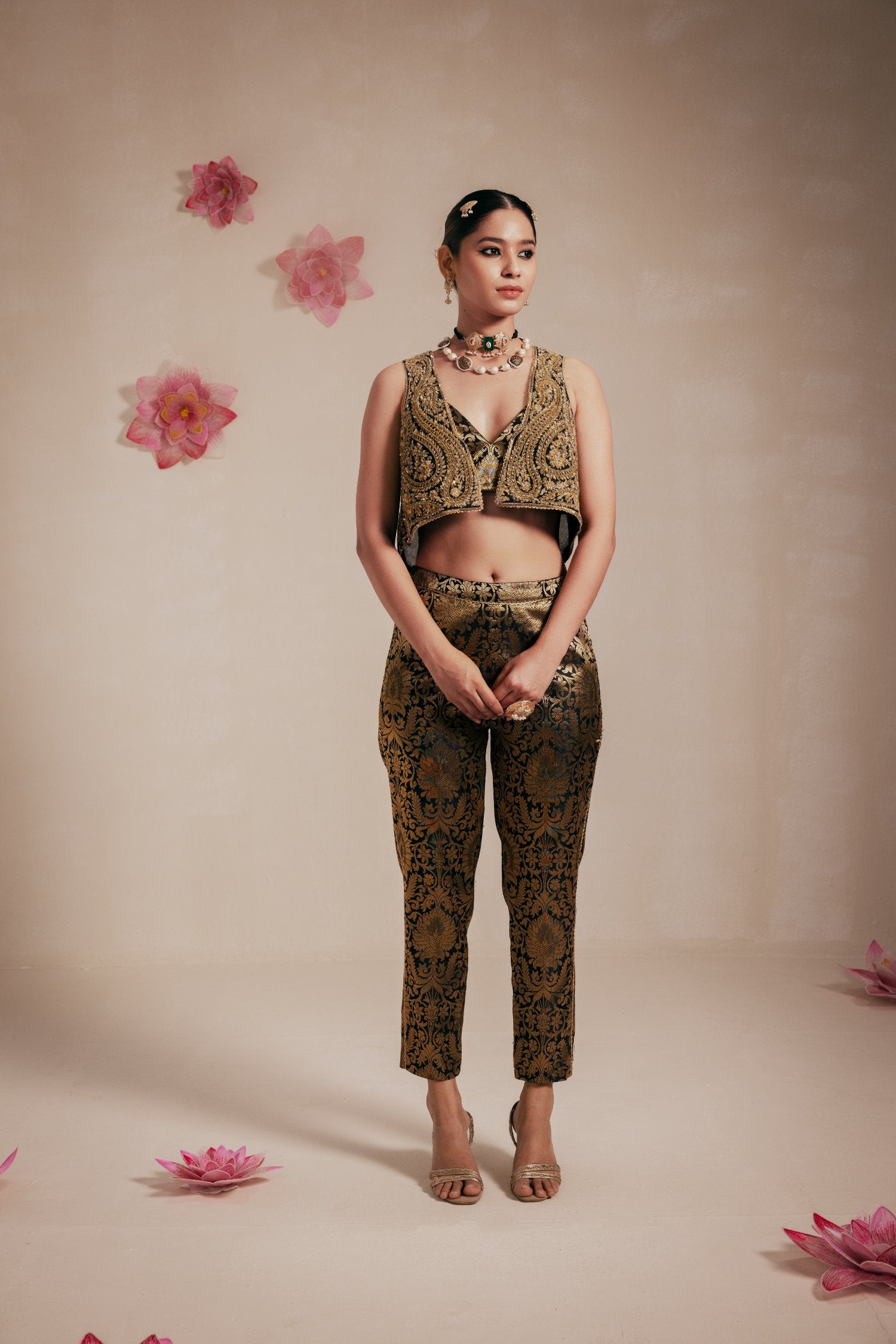 Black Fully Embellished Crop Jacket Set