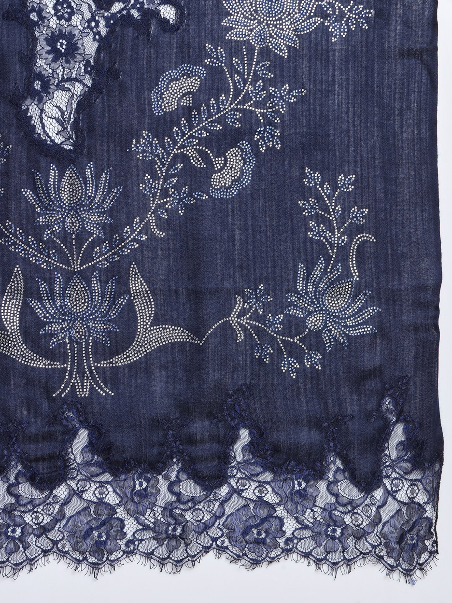 Blue Shawl With Floral Swarovski Design And Lace