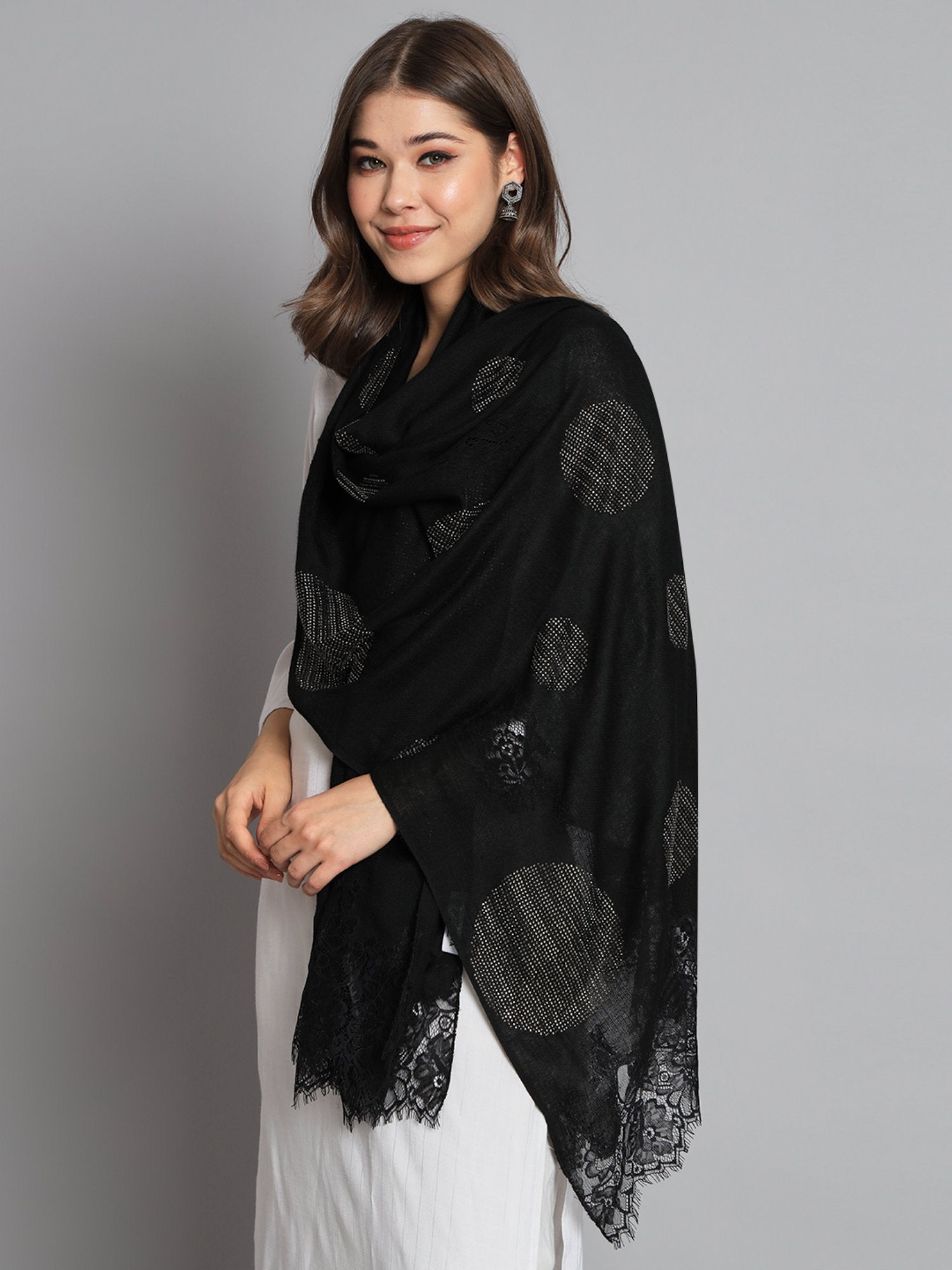 Black Shawl With Swarovski Design And Lace