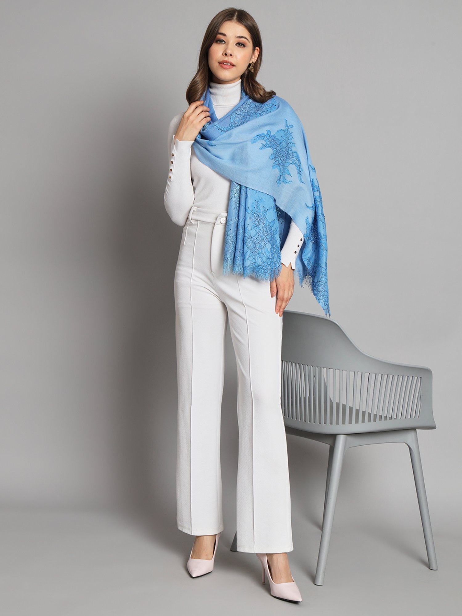 Ombre Blue Shawl With Lace And Swarovski Design