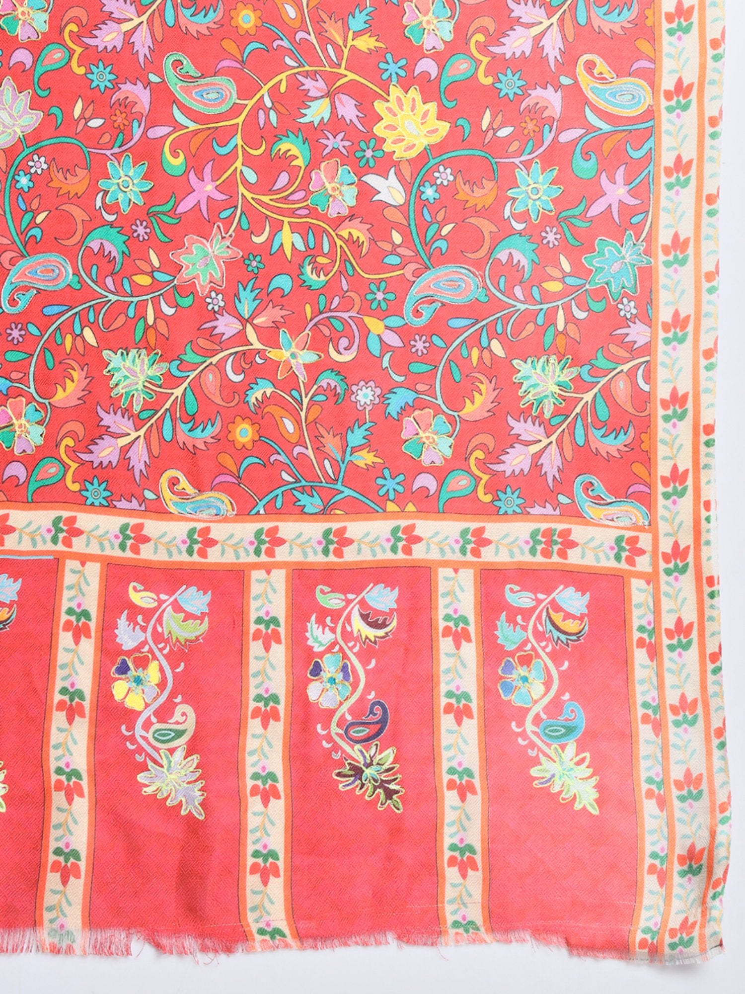 Red Shawl With Beautiful Jamavar Print And Outlined Embroidery