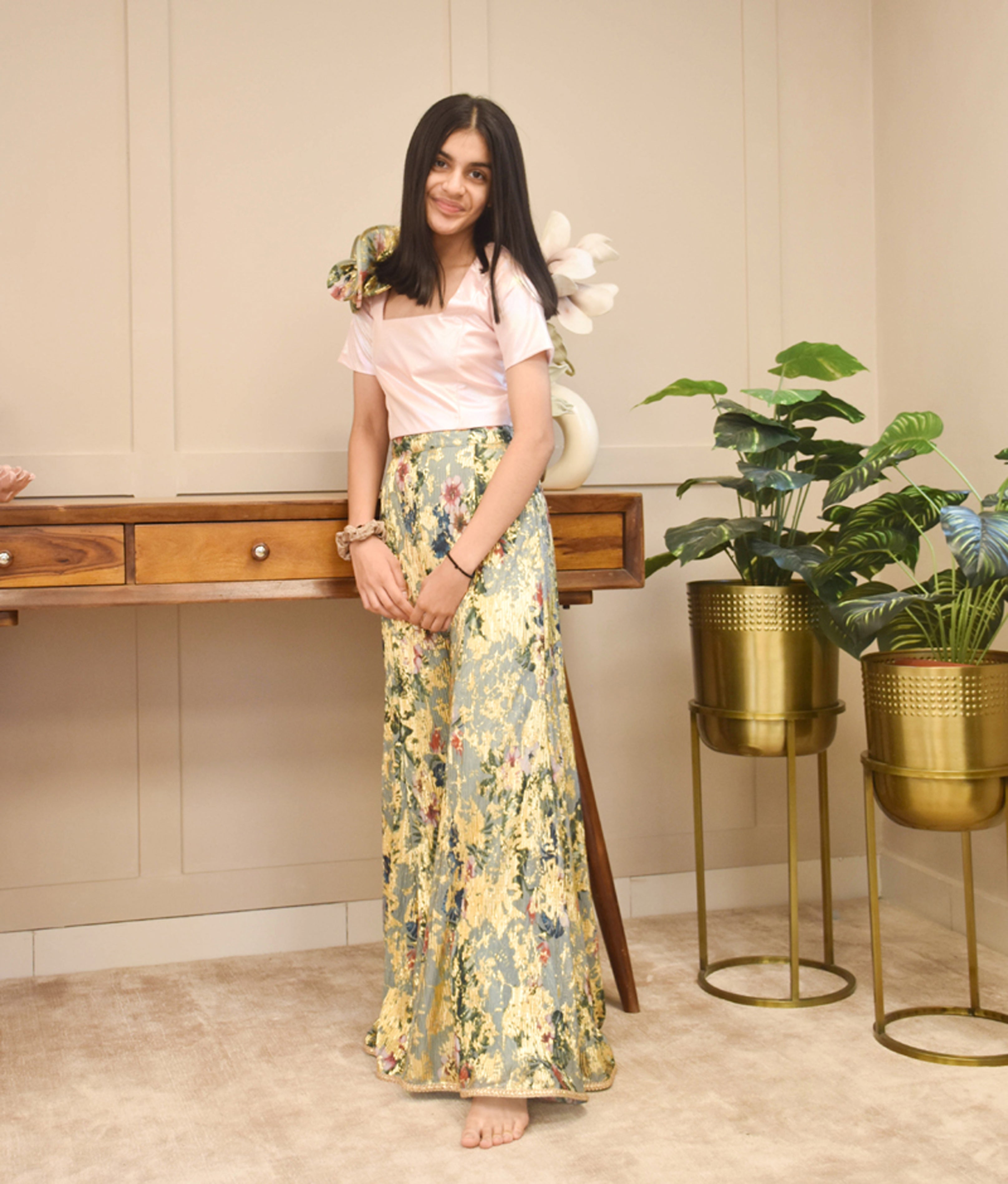 Baby Pink Crop Top with Printed Pant