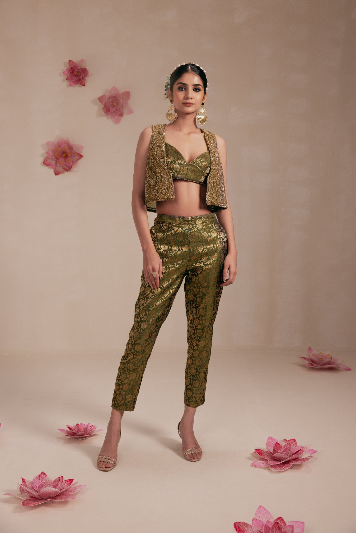 Olive Green Fully Embellished Crop Jacket Set