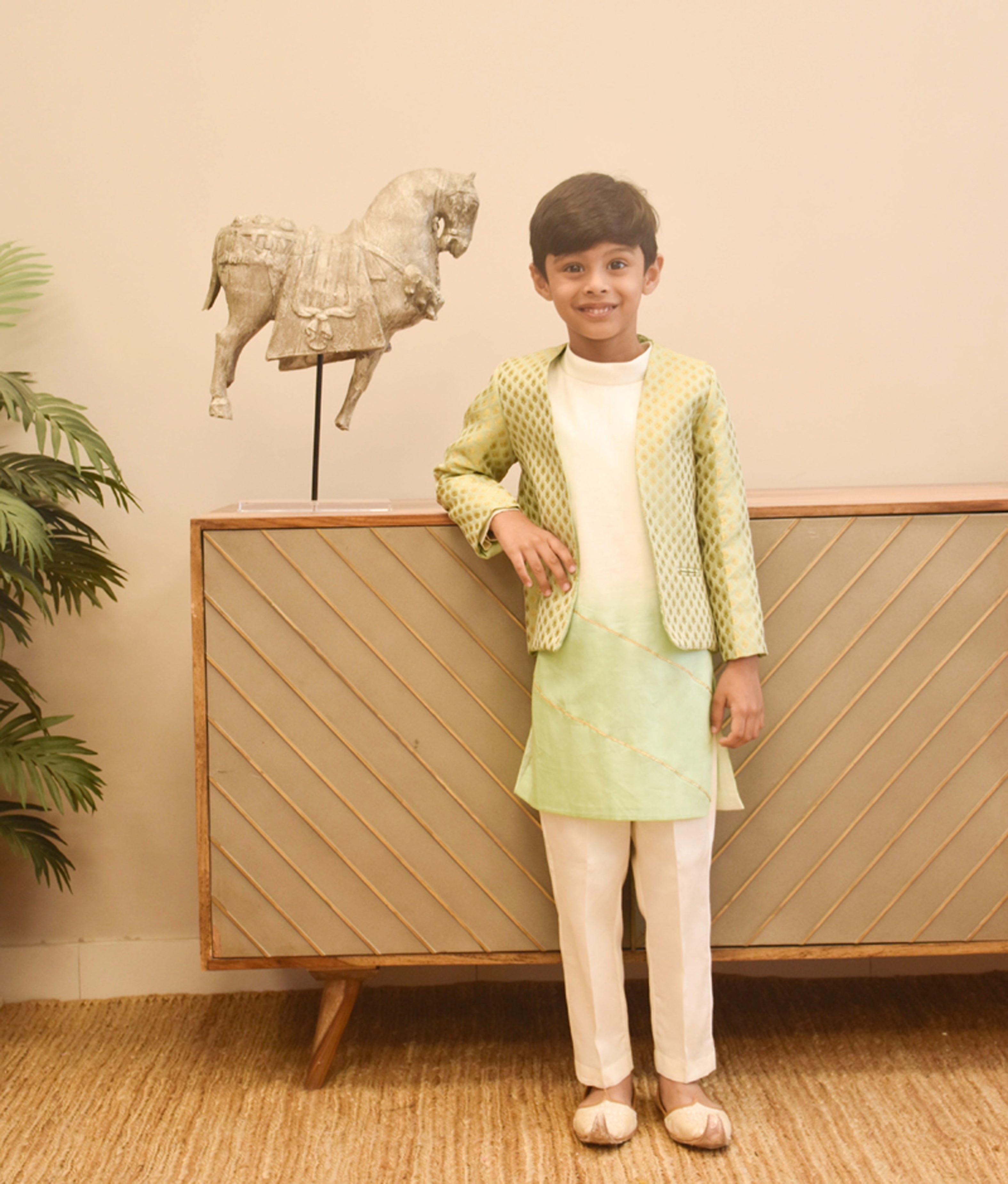 Pista Green Brocade Jacket with Kurta and Pant