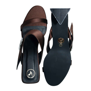 Brown Open Toe Leather Dazzle Mocha Block Heel