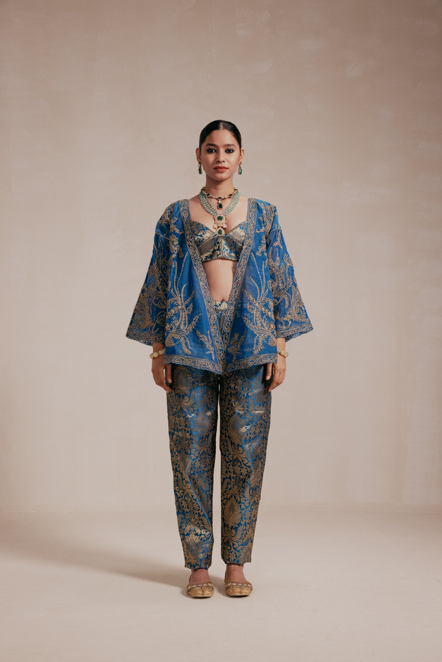Full Embellished Teal Blue Kimono Style Jacket Set