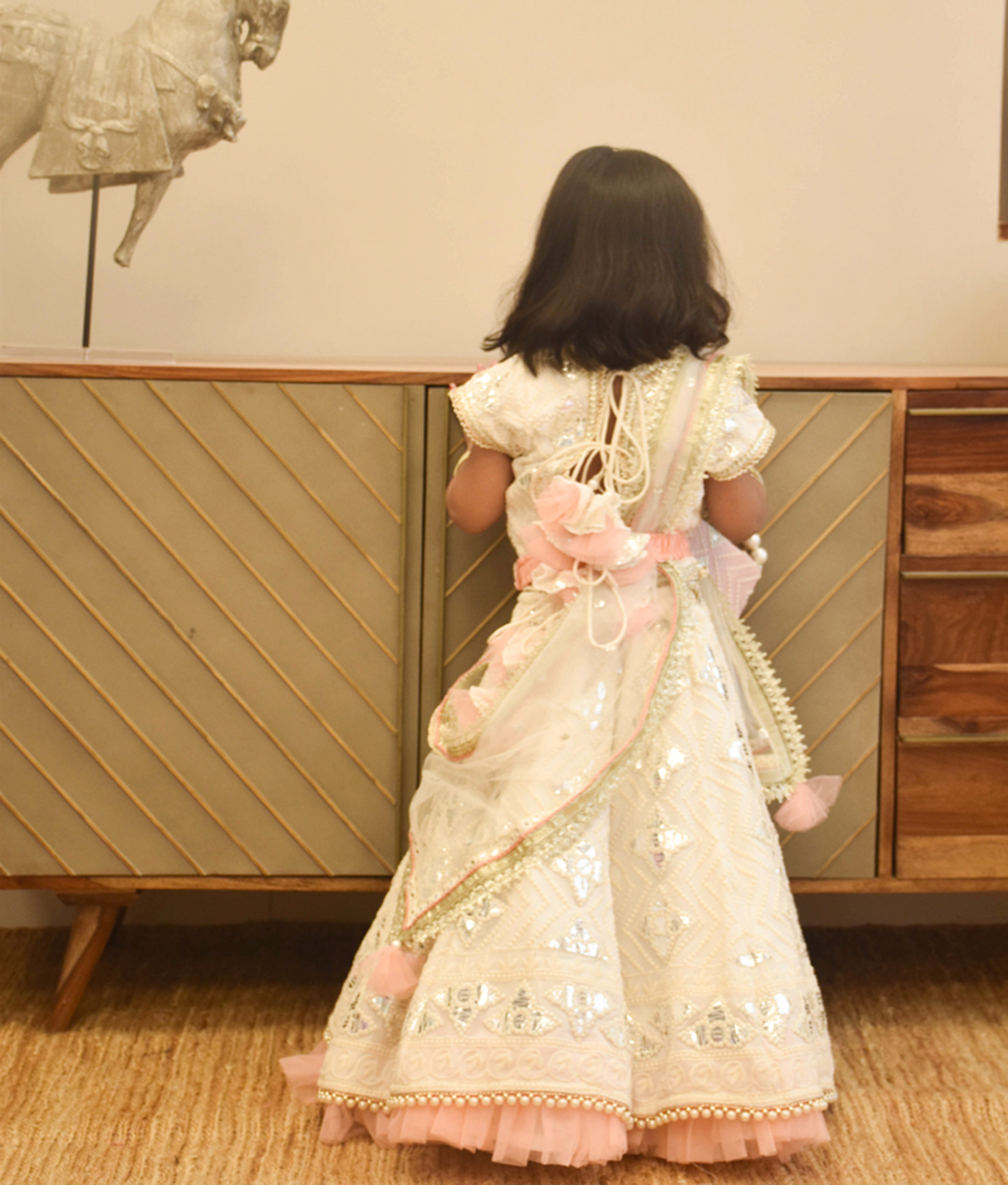 Off White Thread and Gota Embroidery Lehenga Choli with Peach Frll